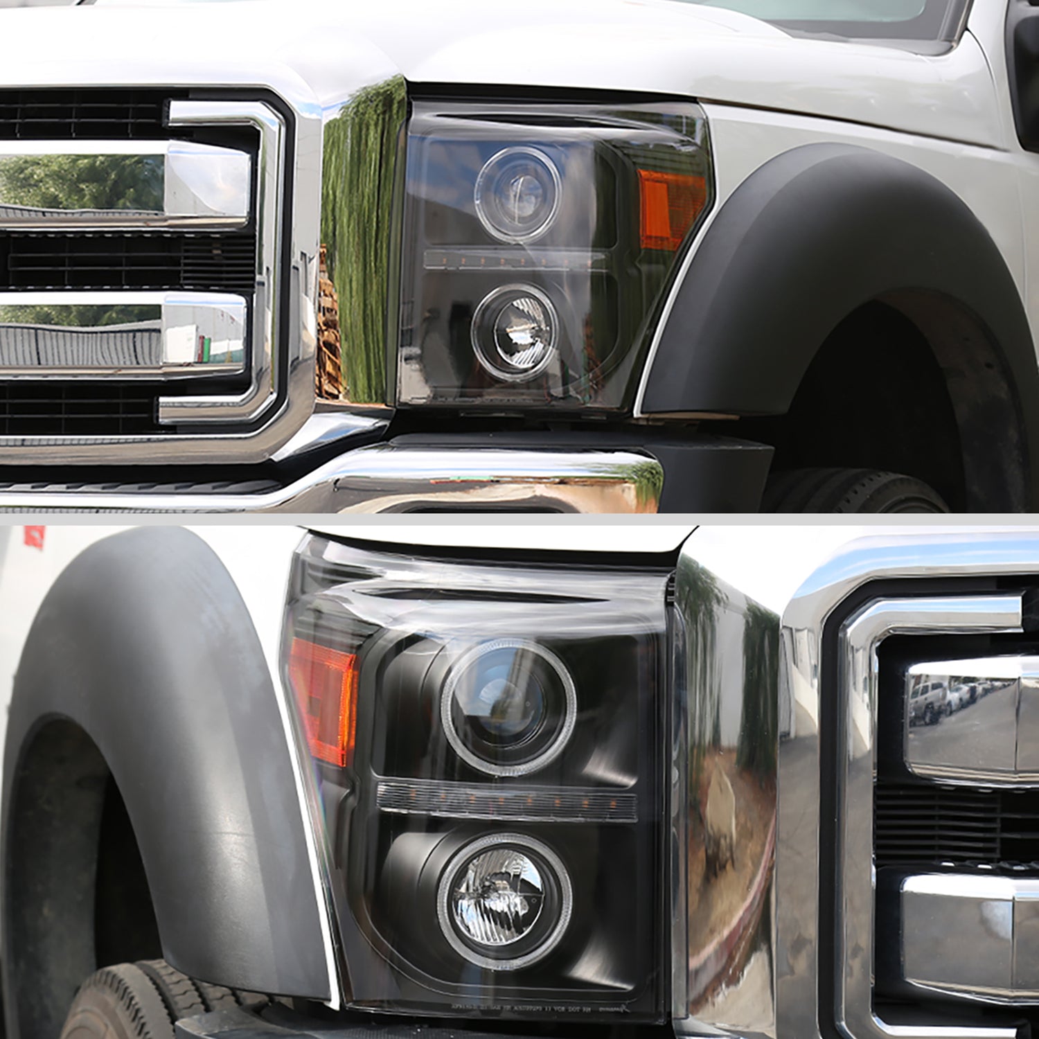 2011-2016 F-250 F-350 F-450 F-550 Dual Halo Headlights LED Signal Lights Black