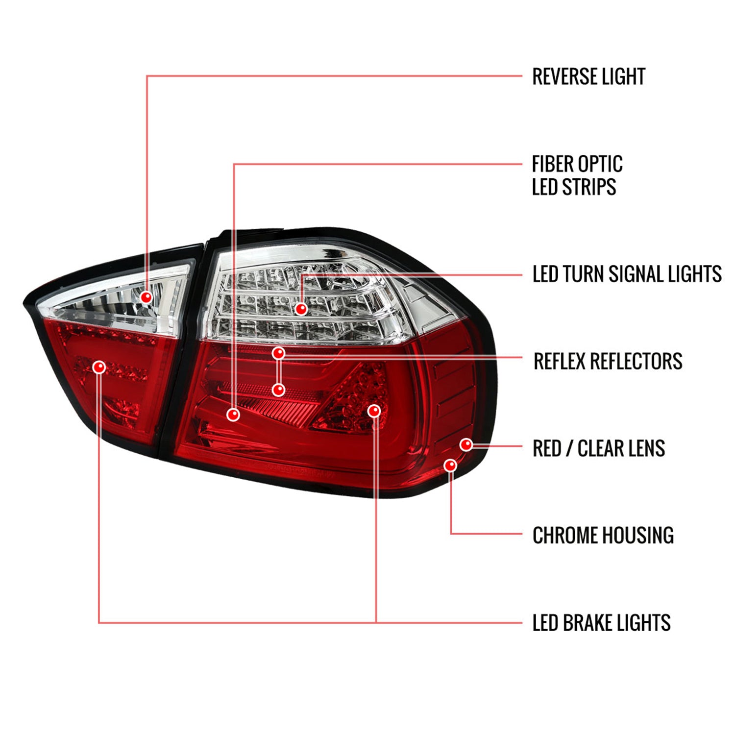 2006-2008 BMW E90 3 Series Sedan LED Tail Lights Chrome/Red Clear Lens