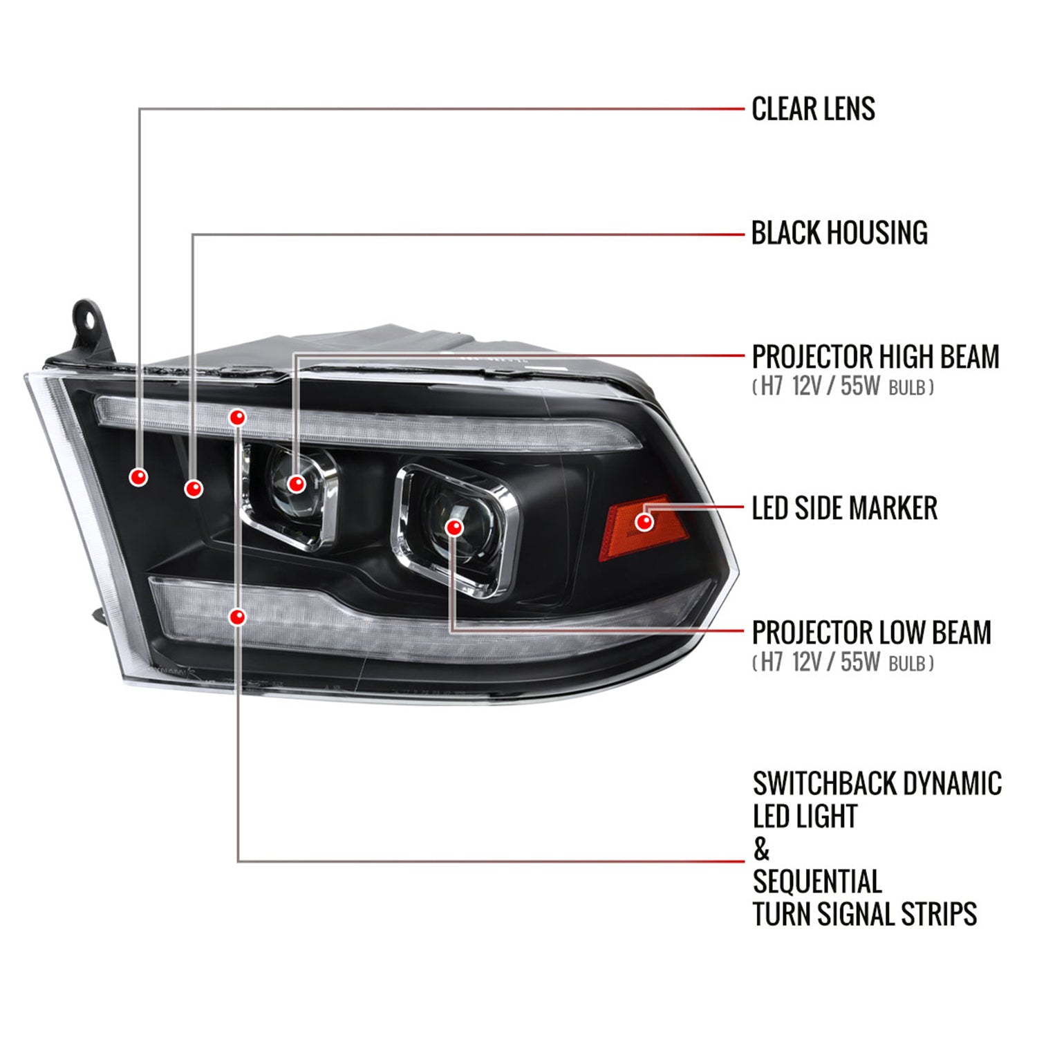 2009-2018 Dodge RAM 1500 / RAM 2500 3500 Switchback Headlights Matte Black