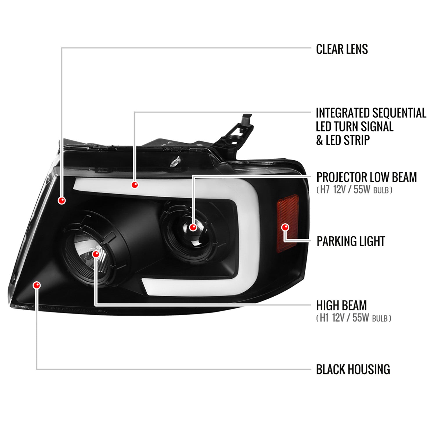 2004-2008 Ford F-150/Lincoln Mark LT LED CBar Projector Headlights Black