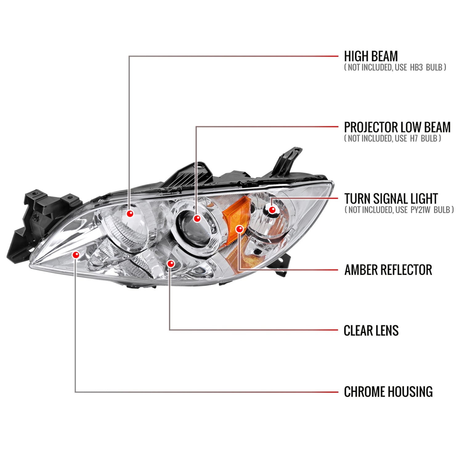 2004-2009 Mazda 3 Sedan Projector Style Headlights Chrome Housing/Clear Lens