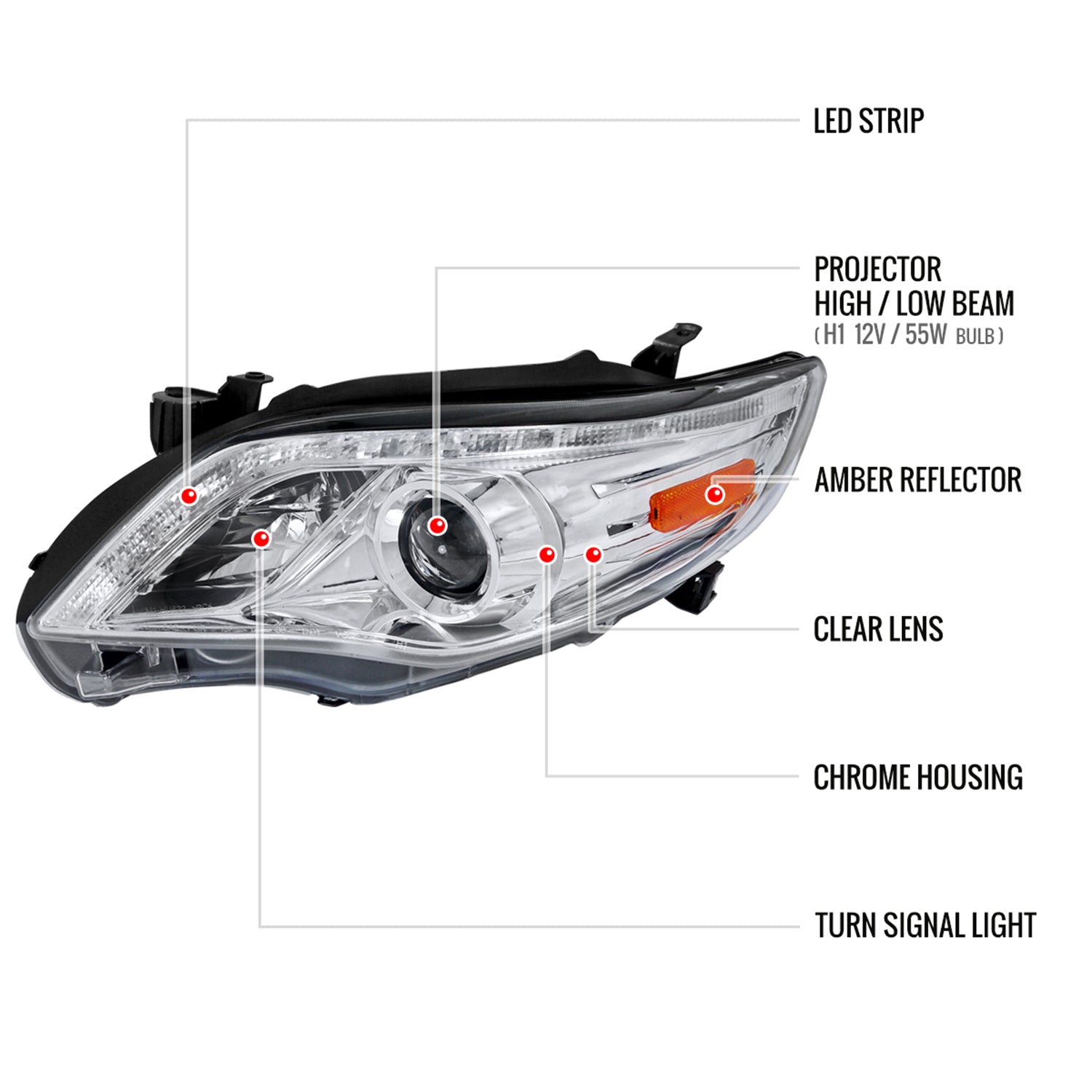 2011-2013 Toyota Corolla Projector Headlights w/ LED Light Strip Chrome/Clear