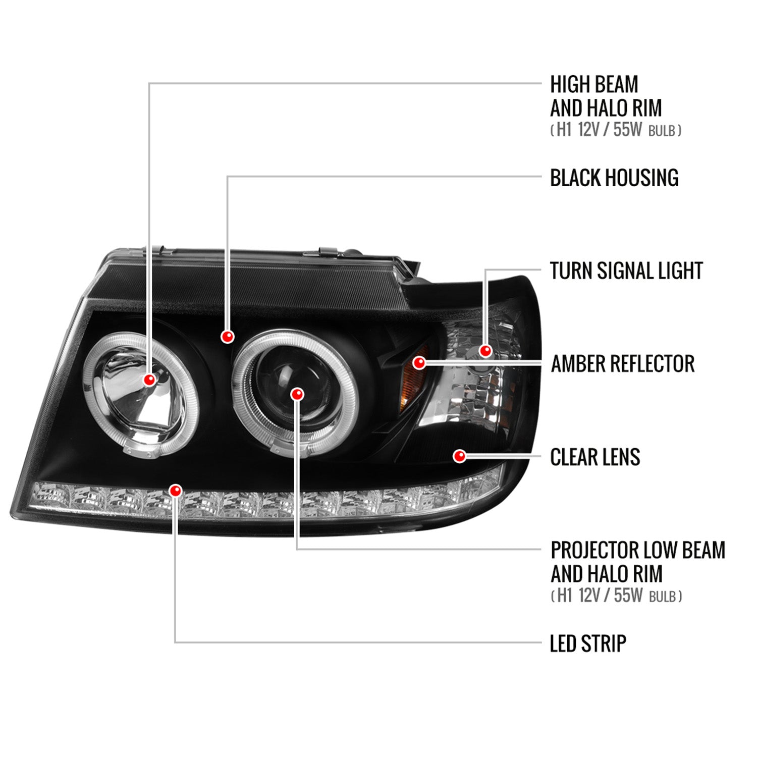 2002-2005 Ford Explorer Dual Halo Projector Headlights Matte Black/Clear Lens