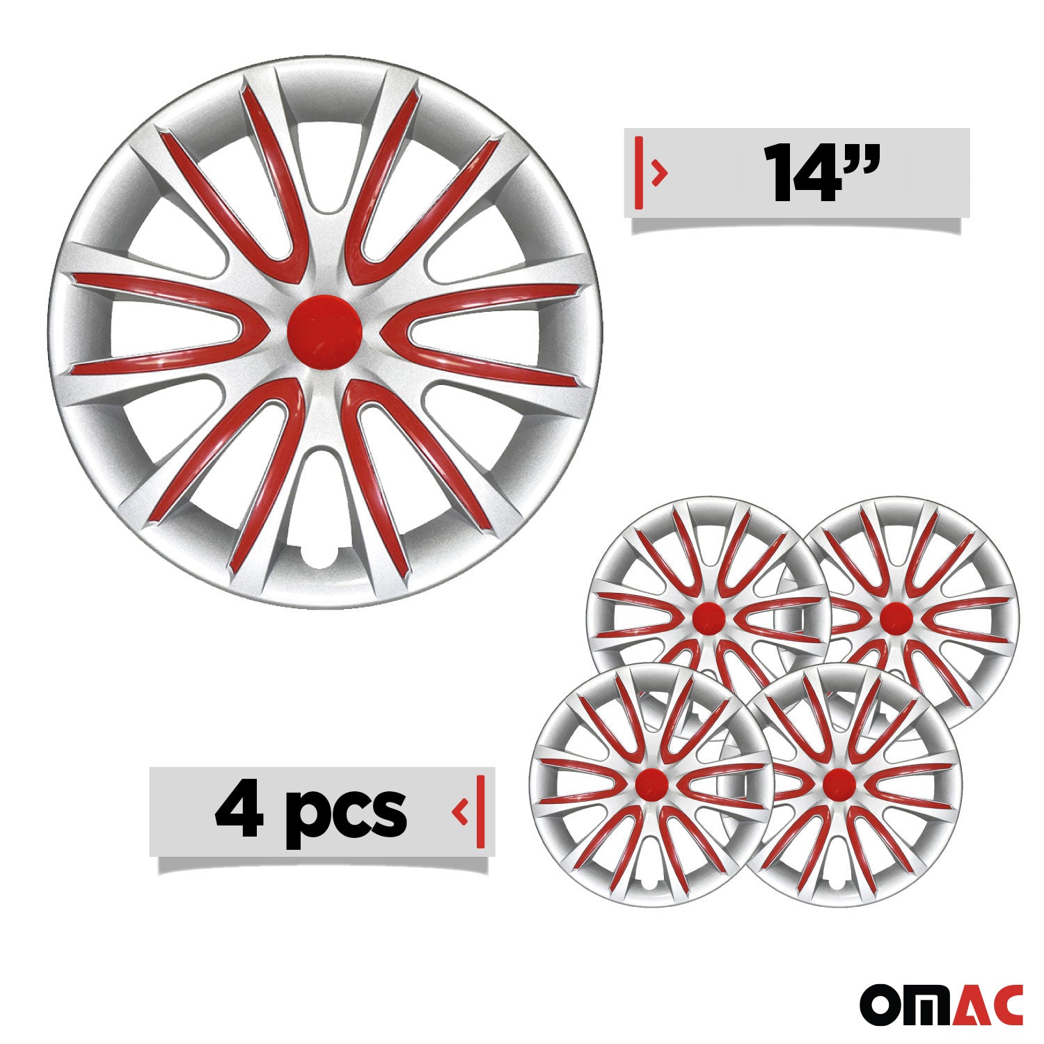 Bicolo Hub Caps Wheel Cover 14" Gray & Red Full Set 4 pcs.