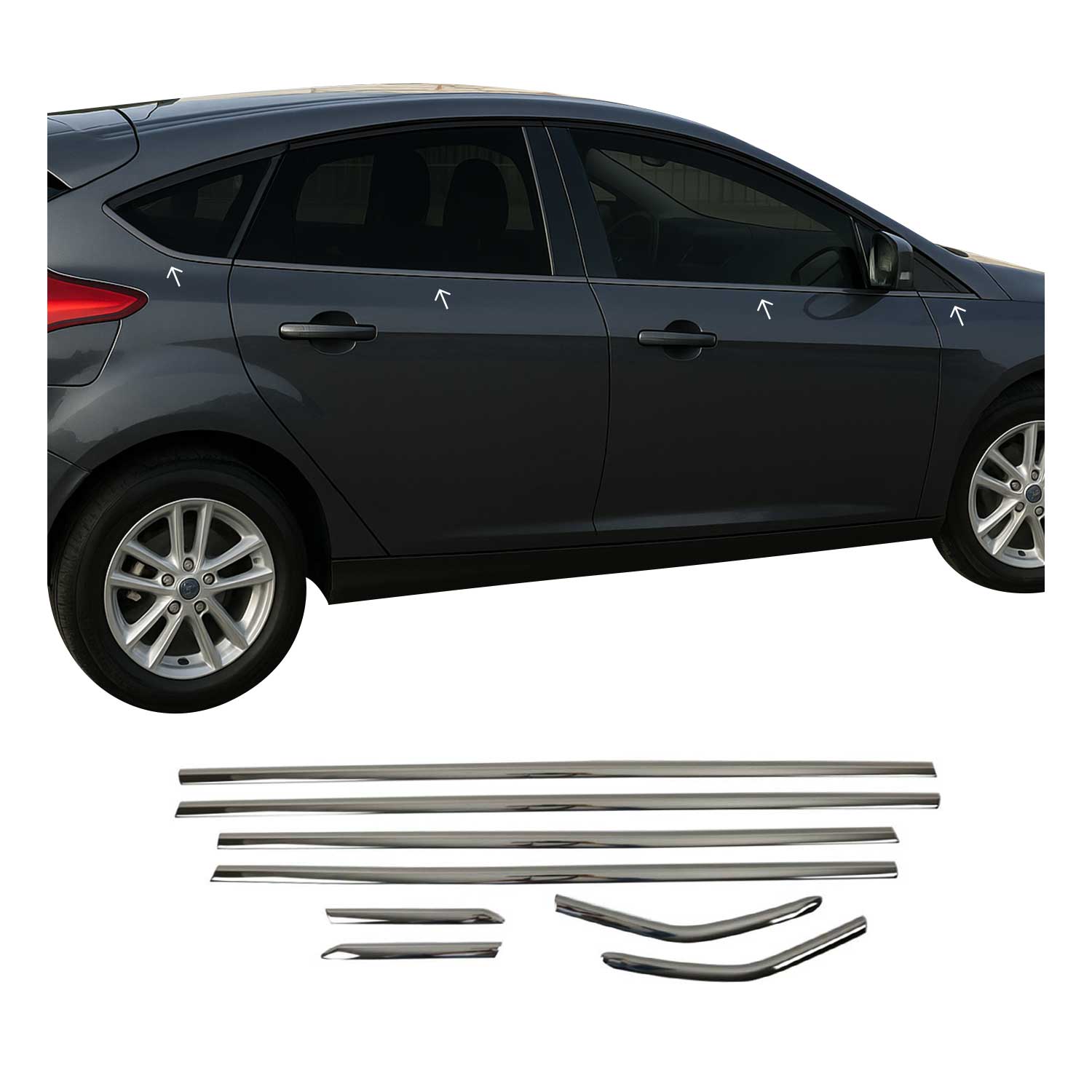 2012-2018 Ford Focus Hatchback 3.gen Window Molding Trim Streamer Stainless Steel Dark Chrome 8 Pcs
