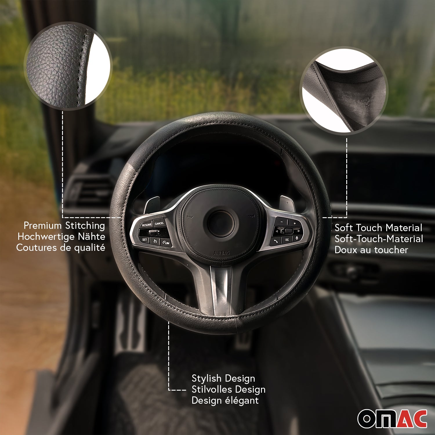 14.5-15.5’’ Steering Wheel Cover Black Leather Anti-slip Breathable