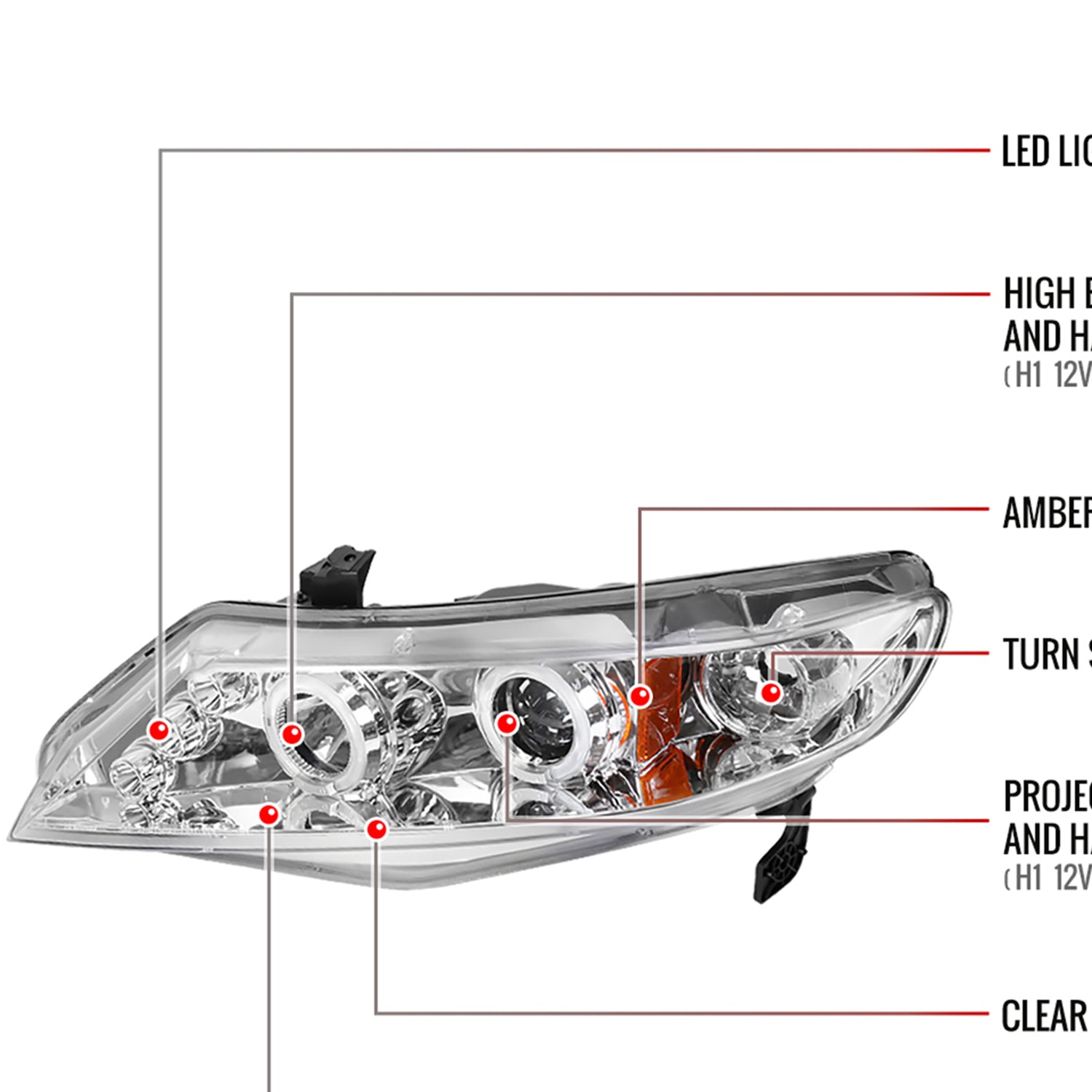 2006-2011 Honda Civic Sedan Dual Halo Projector Headlights Chrome/Clear Lens