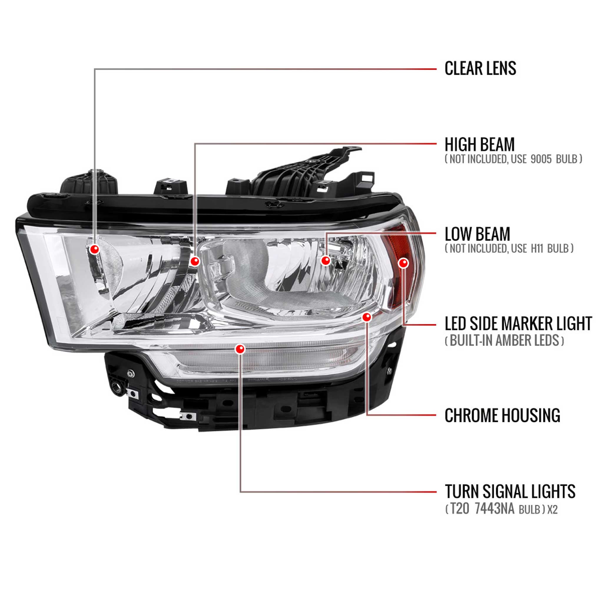 For Dodge RAM 2500 3500 2019-2024 Factory Style Crystal Headlight Driver Side Only Chrome Housing Clear Lens
