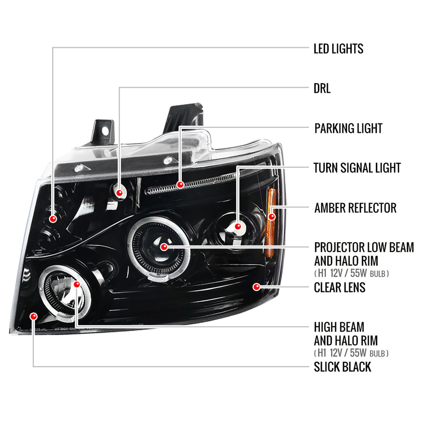 2007-2013 Chevy Avalanche/ 07-2014 Tahoe Suburban Dual Halo Headlights Jet Black