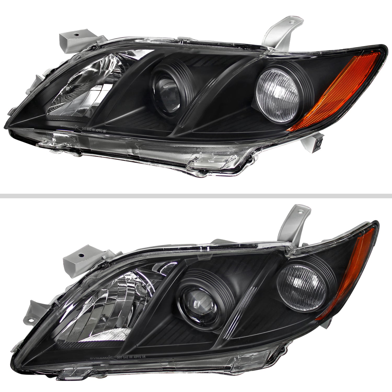 2007-2009 Toyota Camry Projector Headlights Amber Reflectors Matt Black/Clear