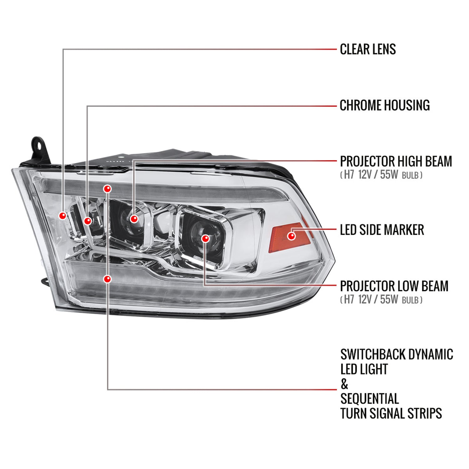 2009-2018 Dodge RAM 1500 / RAM 2500 3500 Switchback Headlights Chrome