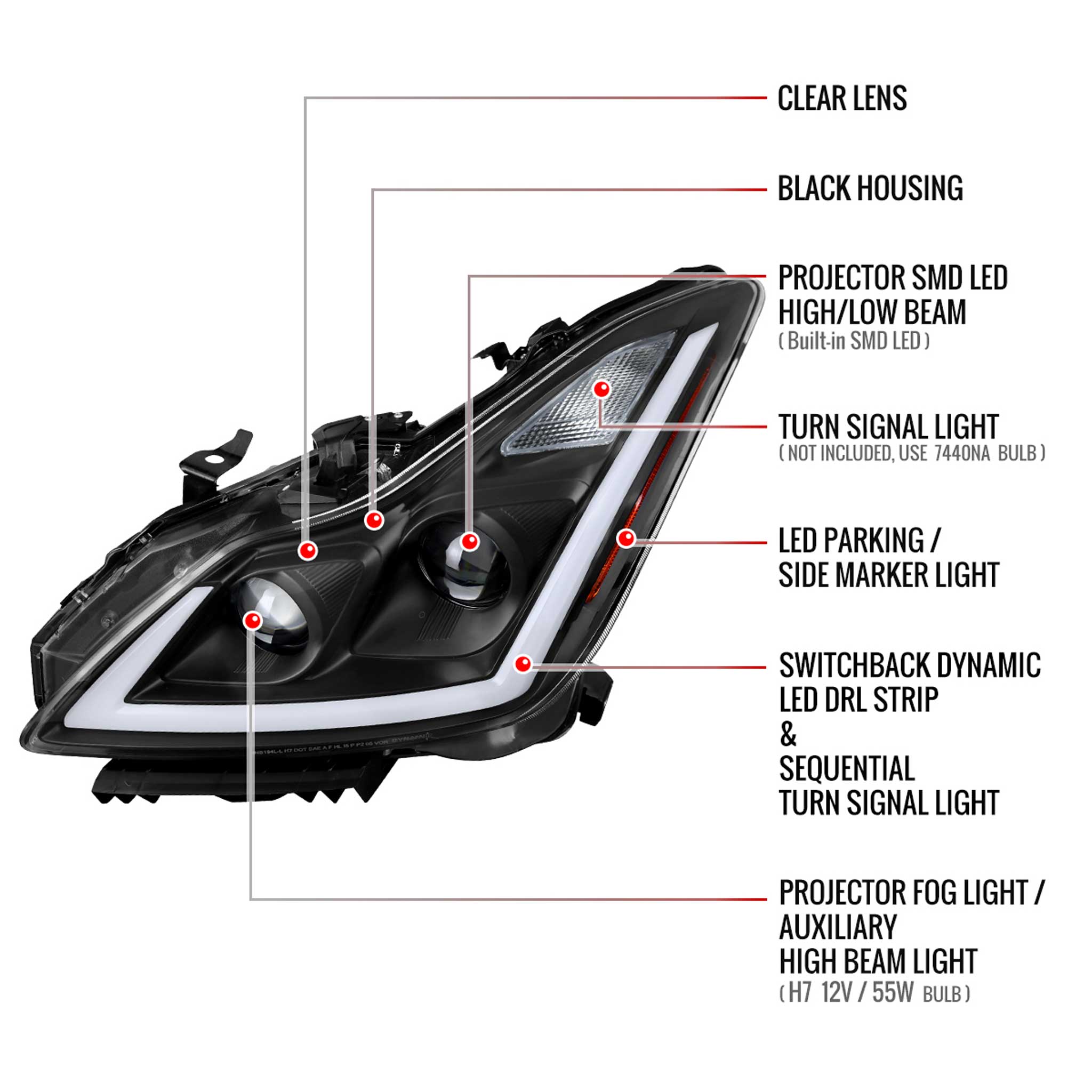 For Infiniti G37 2008-13 / Q60 Coupe 2014-15 LED Projector Headlights Sequential Matte Black Clear Lens Switchback