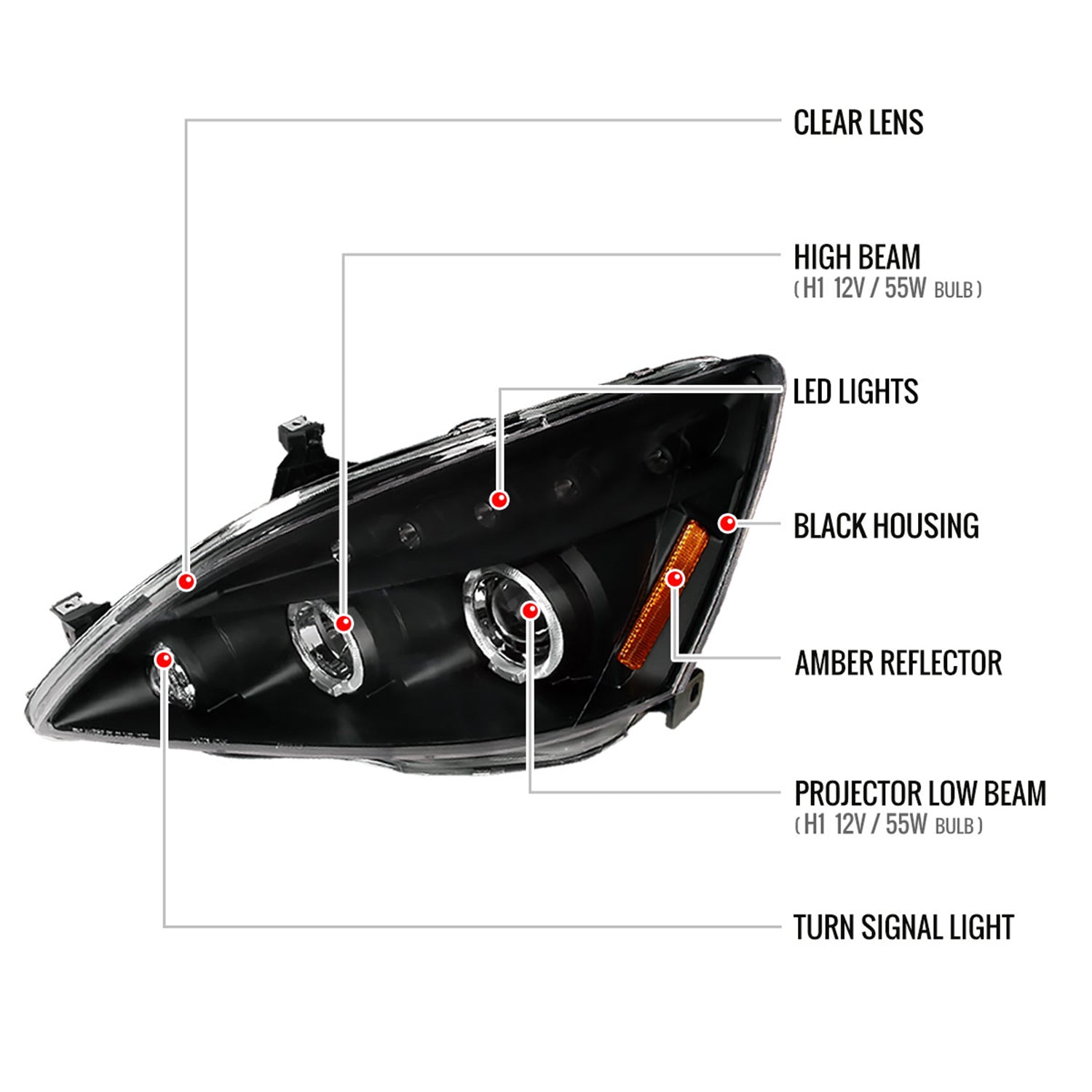 2003-2007 Honda Accord Dual Halo Projector Headlights Matte Black/Clear Lens