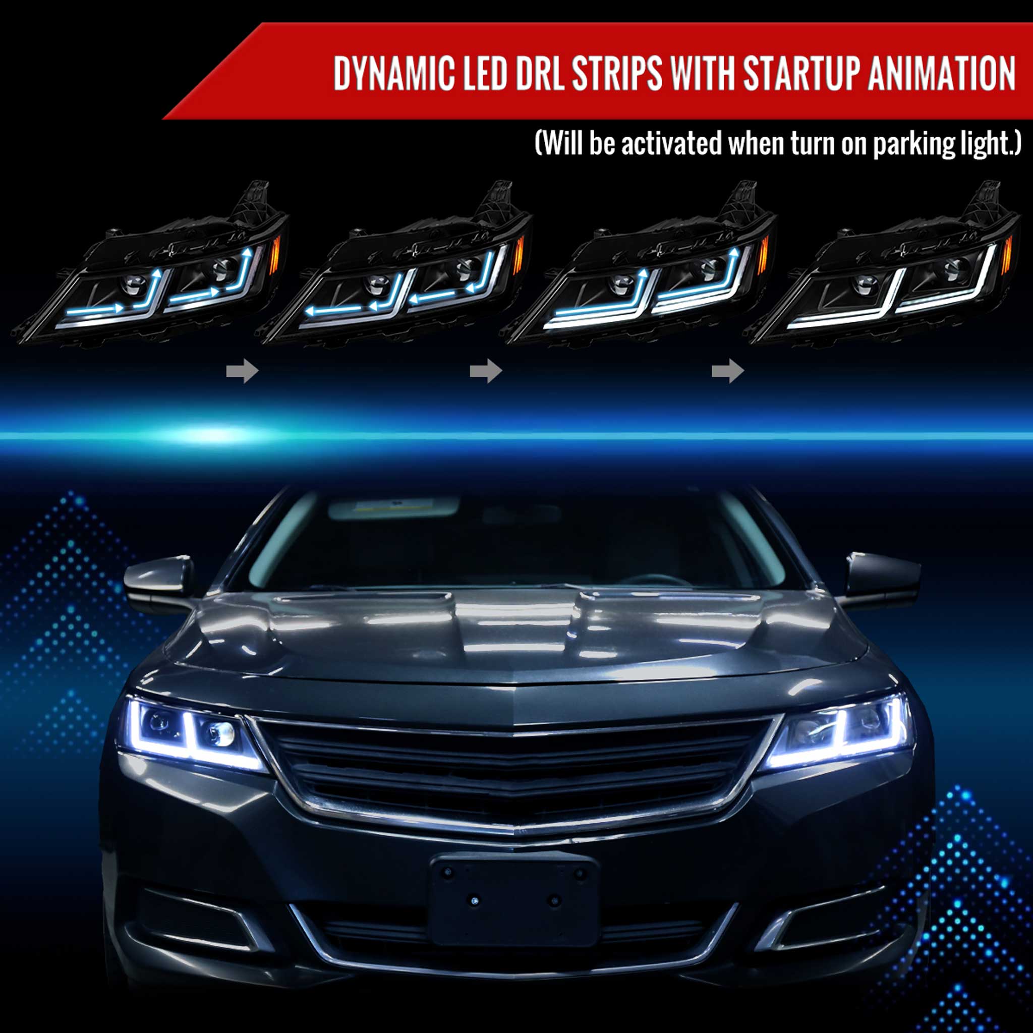 For Chevrolet Impala 2014-2020 LED DRL Sequential Projector Headlights Matte Black Housing Clear Lens