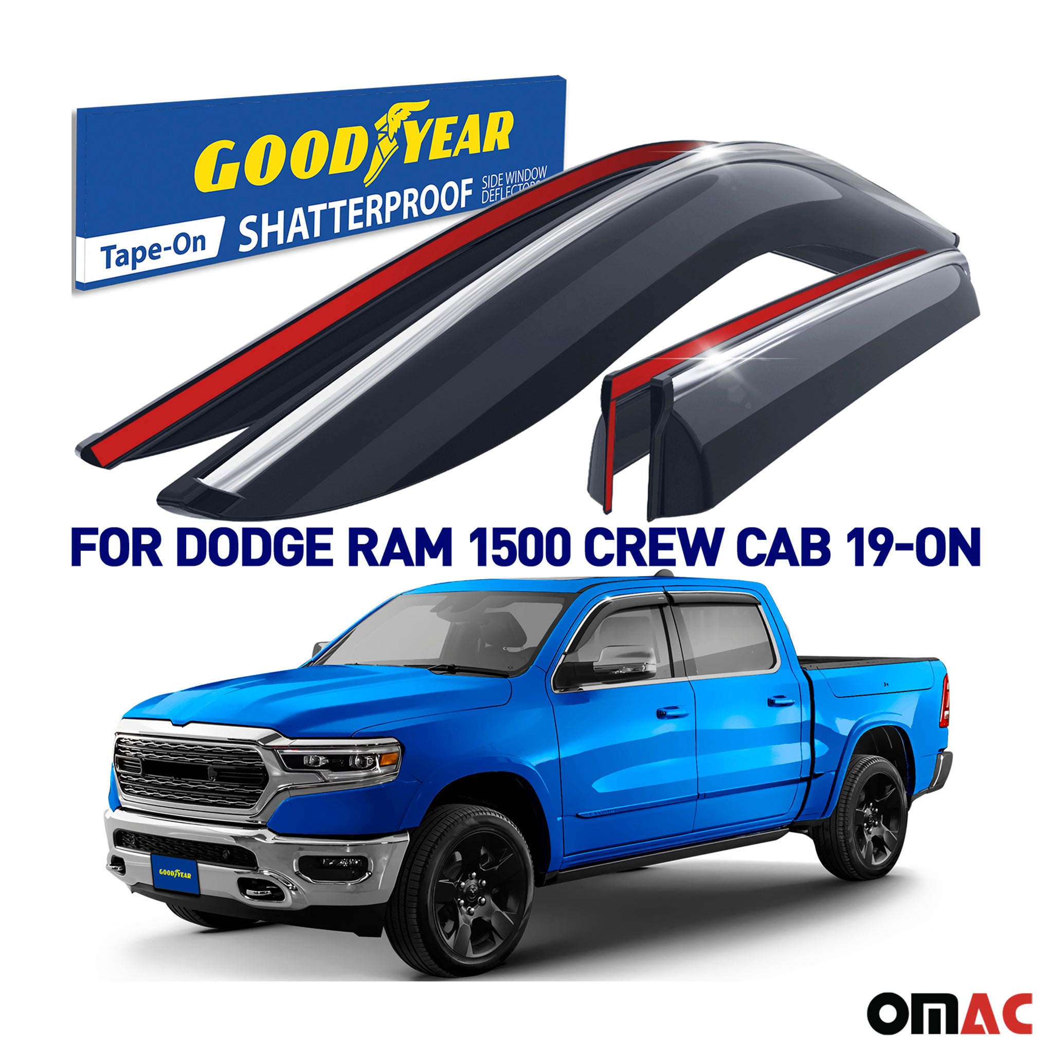 Goodyear Wind Deflectors for Dodge Ram 1500 2019-2025 Crew Cab Chrome Smoke 4x