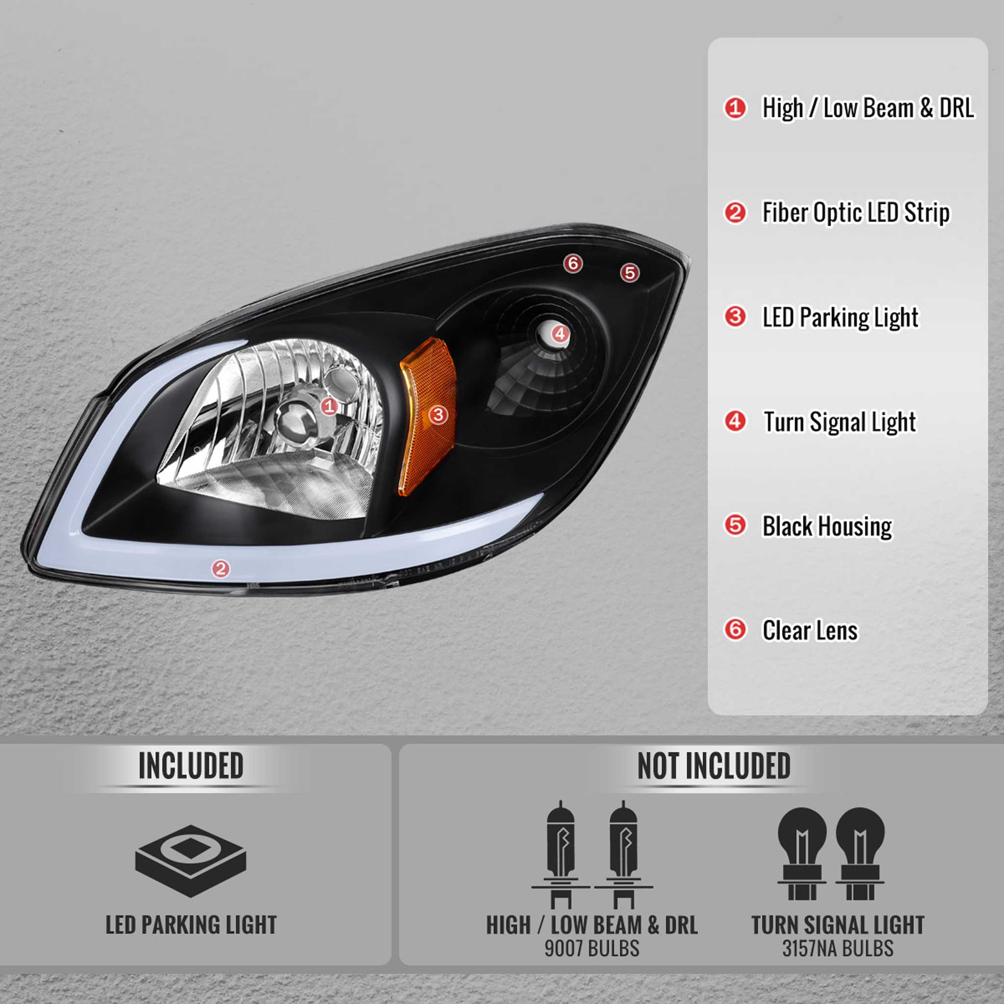 For Chevrolet Cobalt / Pontiac G5 2005-2010 LED Bar Projector Headlights LED DRL Light Tube Black Housing Clear Lens
