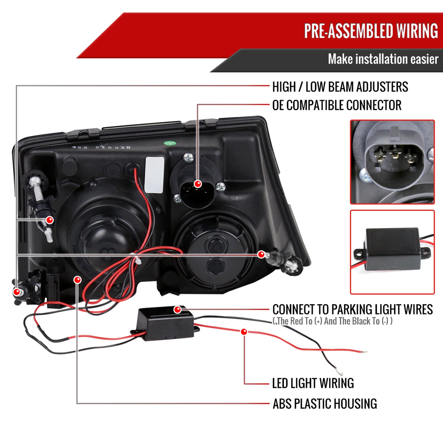 1998-2000 Ford Ranger Halo Projector Headlights Black Housing/Smoke Lens