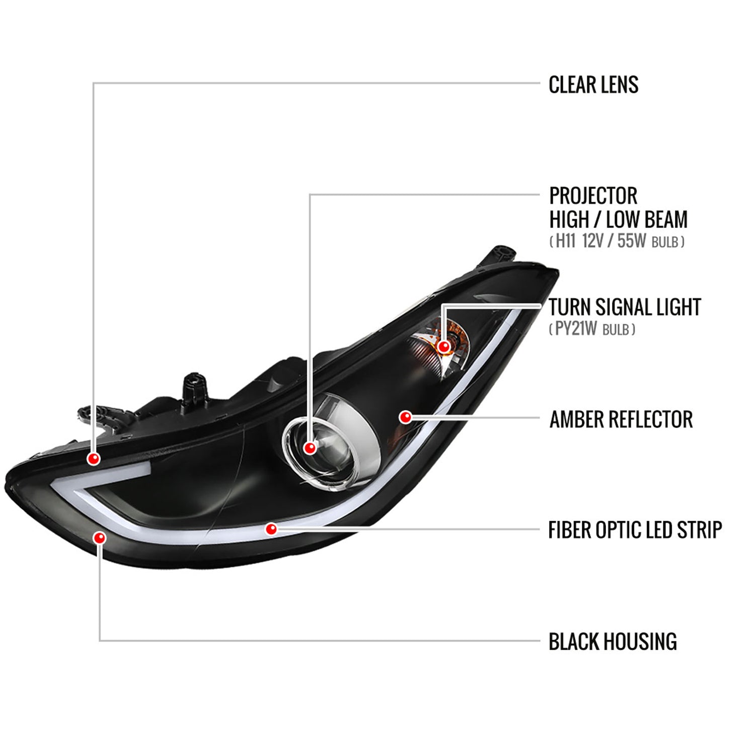 2011-2013 Hyundai Elantra LED Bar Projector Headlights Matte Black/Clear Lens