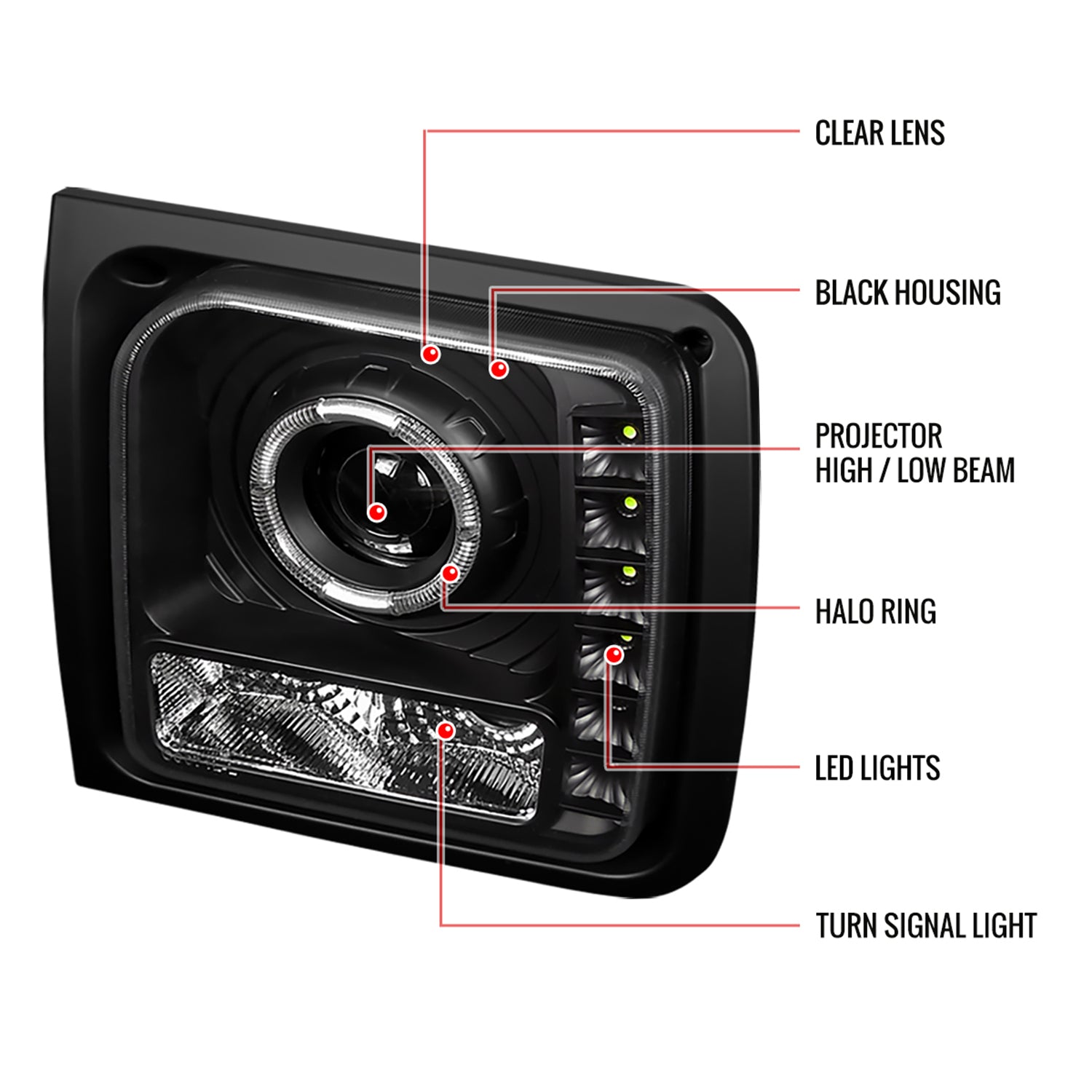 1997-2001 Jeep Cherokee Halo Projector Headlights SMD LED Light Strip Black