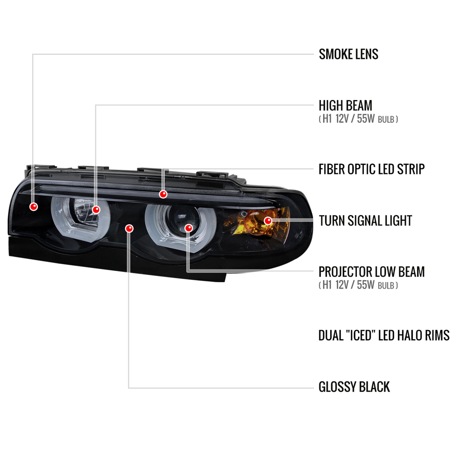 1995-2001 BMW E38 7 Series LED Bar Dual Halo Projector Headlights Black/Smoke