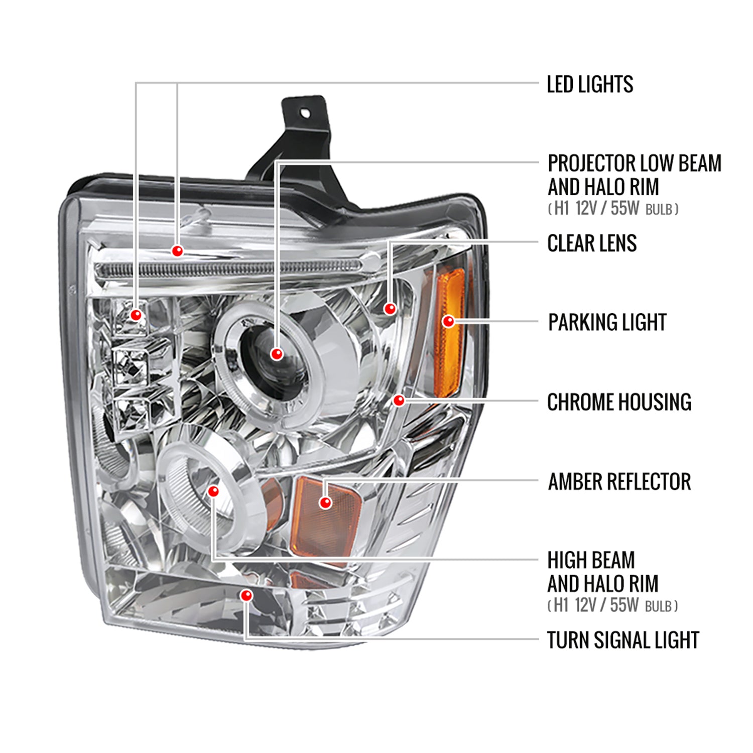 2008-2010 Ford F-250 F-350 F-450 Dual Halo Projector Headlights Chrome/Clear