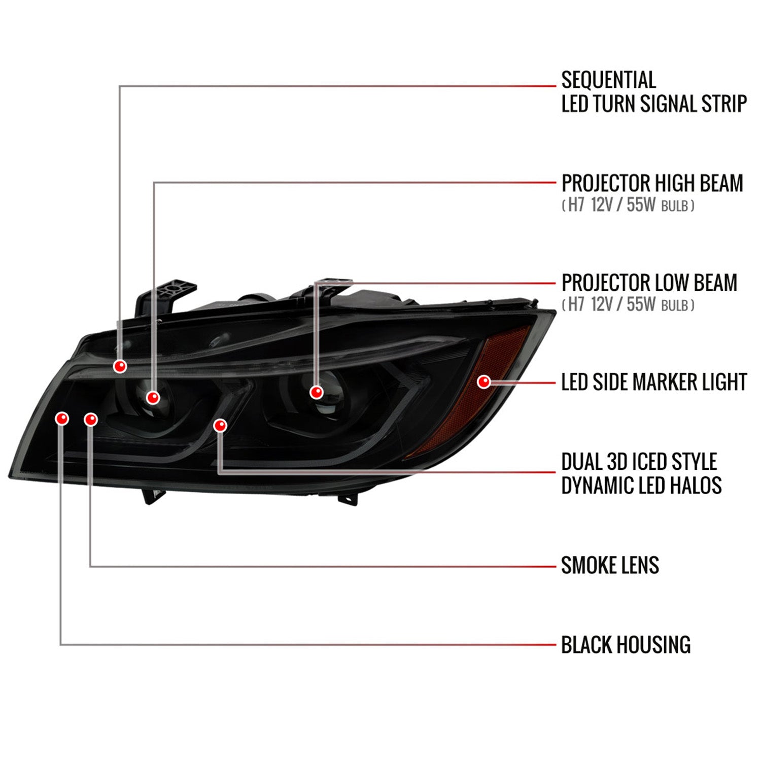 2006-2011 BMW E90 3 Series Sedan 3D Iced LED Dual Projector Headlights Smoke