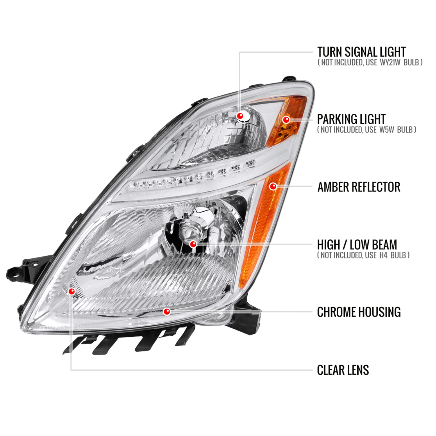 2006-2009 Toyota Prius Factory Style Headlights w/Amber Reflector Chrome/Clear