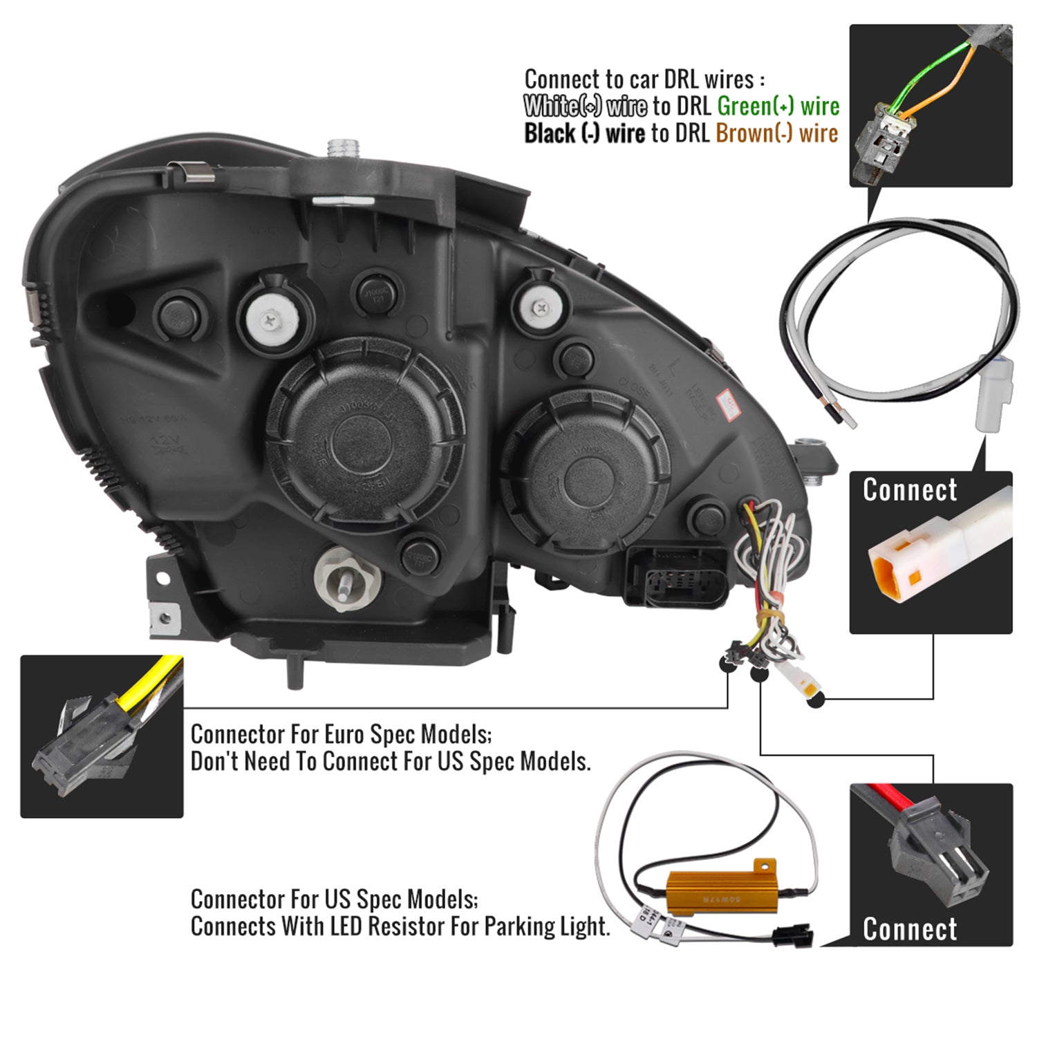 2012-2014 Mercedes-Benz W204 C-Class LED Bar Projector Headlights Black