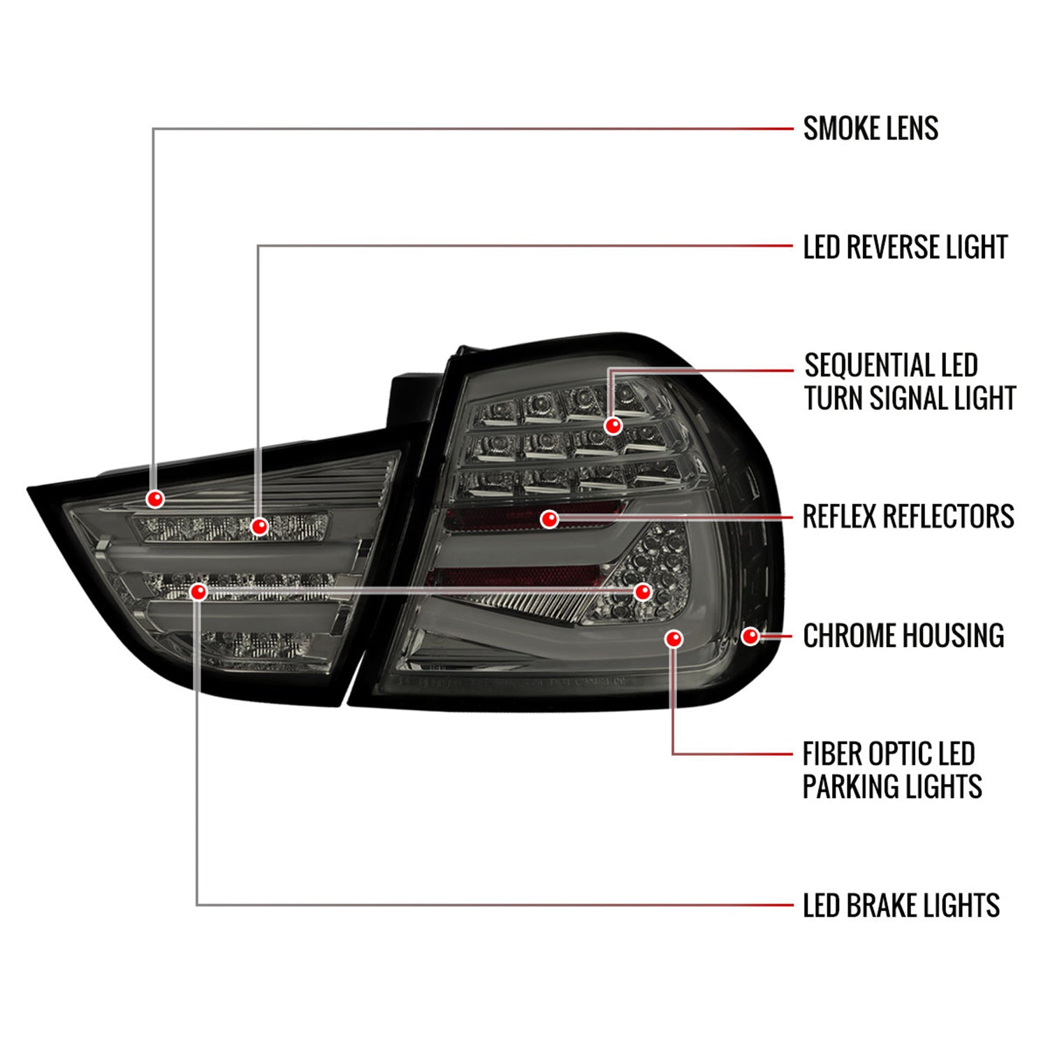 2009-2011 BMW E90 3-Series 4Dr Sedan Red LED Tail Light Chrome/Smoke Lens