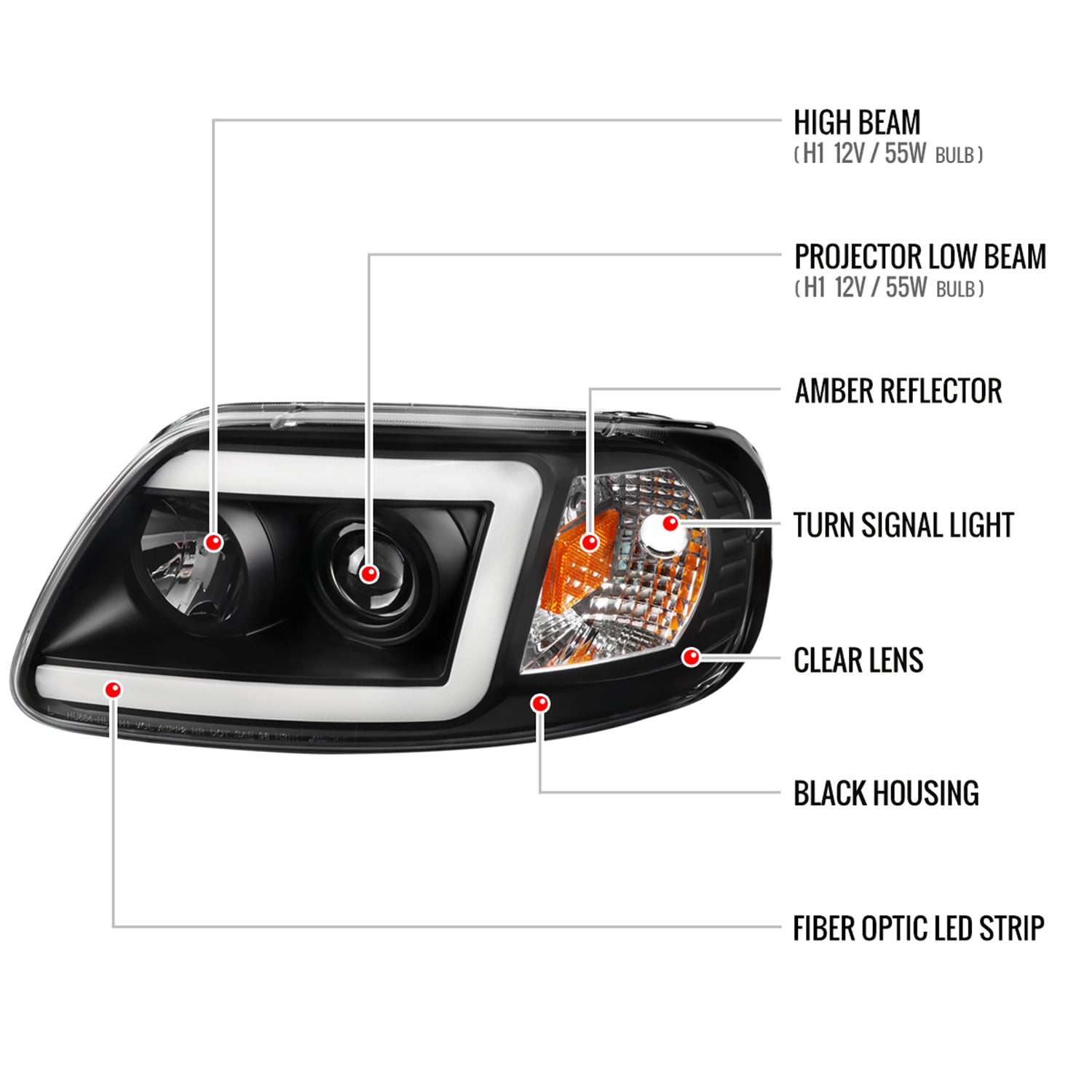 1997-2004 Ford F-150 / 1997-2002 Expedition LED C-Bar Projector Headlights Black