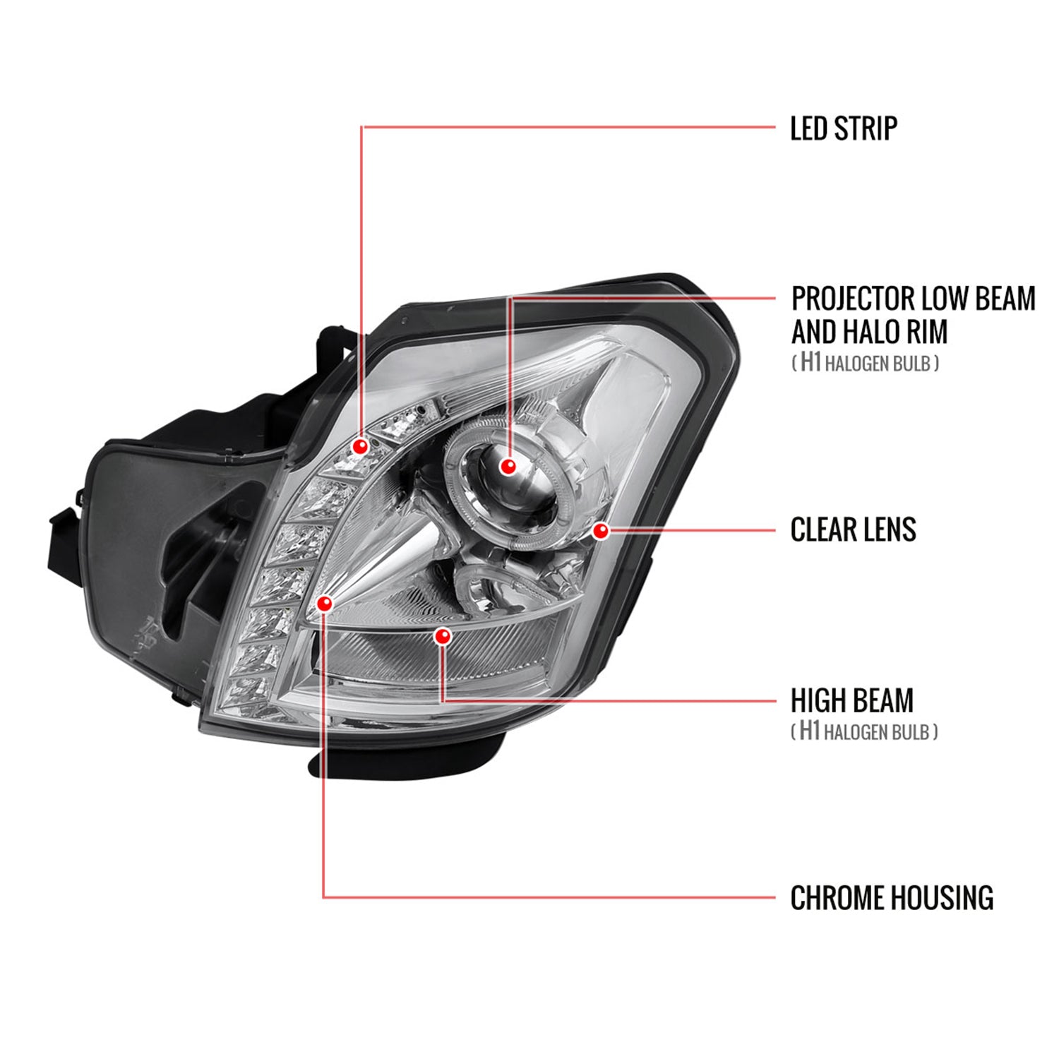 2003-2007 Cadillac CTS Halo Projector Headlights SMD LED Light Strip Chrome