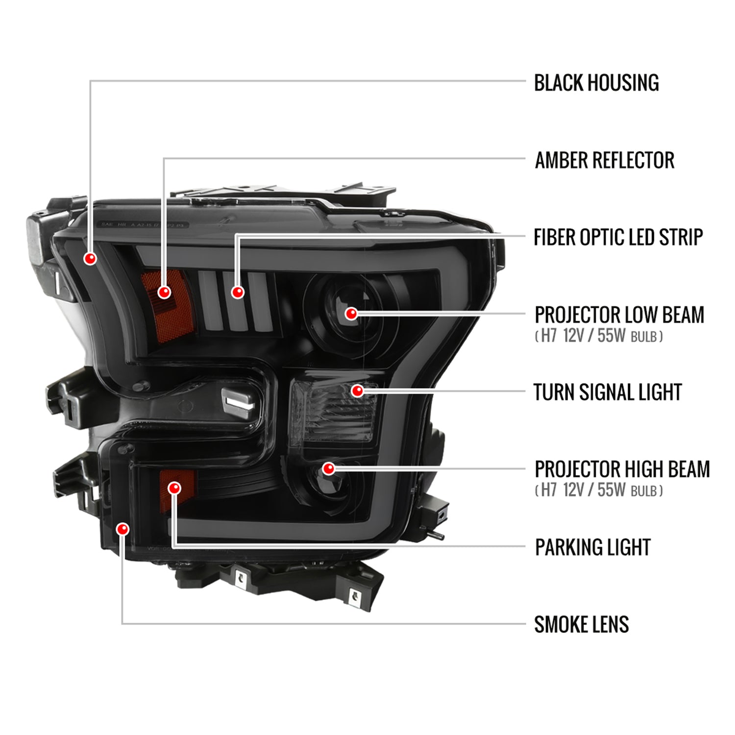 2015-2017 Ford F-150 LED Bar Projector Headlights Black Housing/Smoke Lens