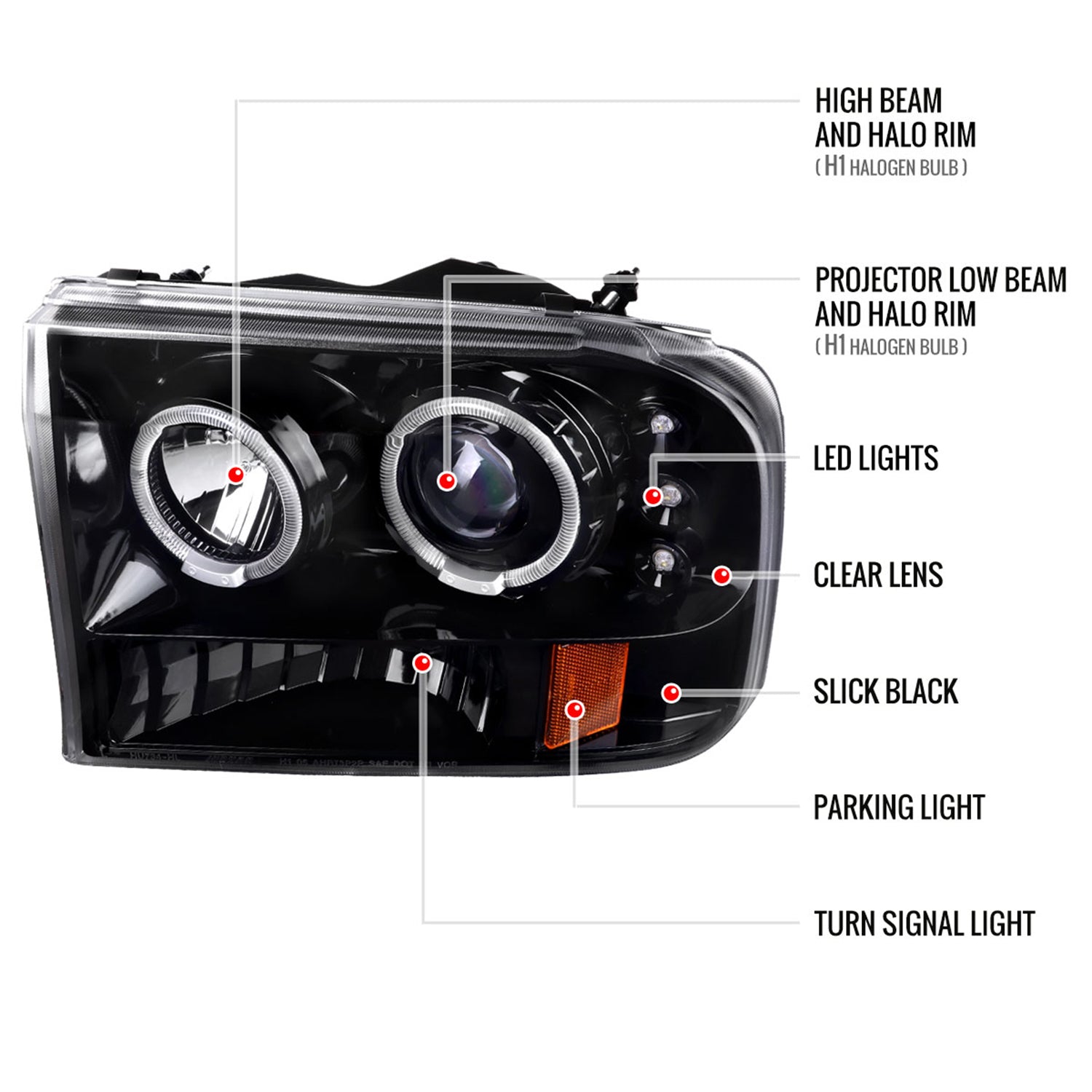 1999-2004 Ford F-250/350/450/550 Dual Halo Headlights Black