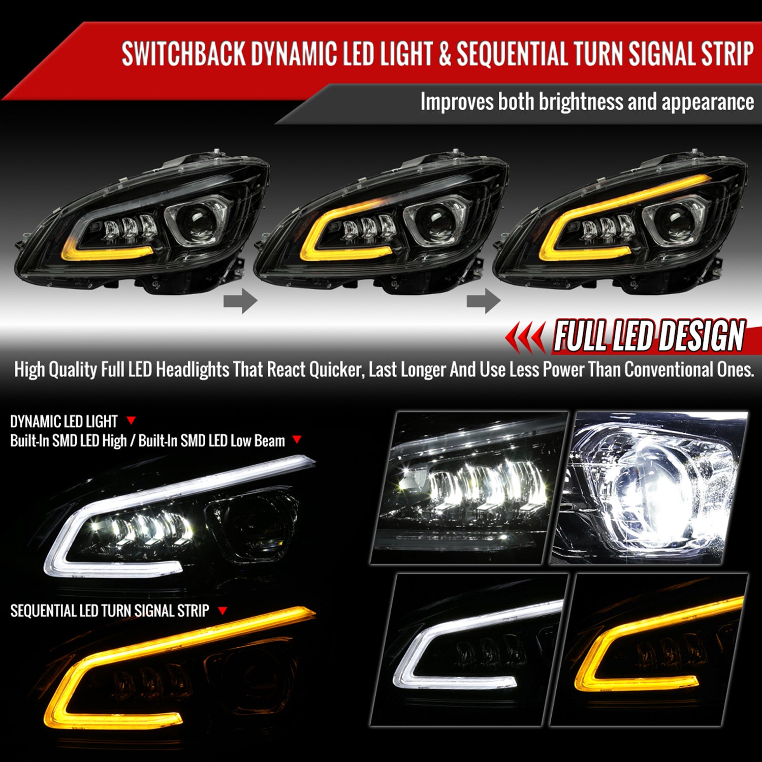 2008-2011 Mercedes Benz W204 C-Class Full LED Projector Headlights Smoke