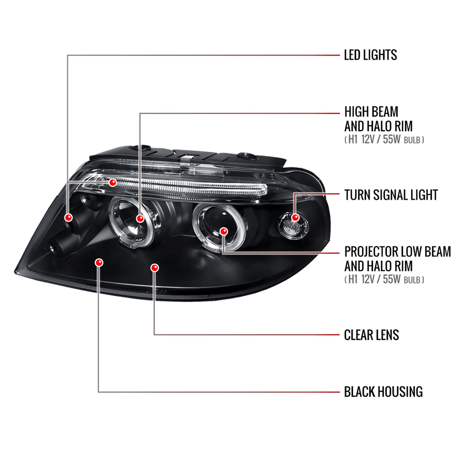 2001-2005 VW Passat Dual Halo Projector Headlights Matte Black/Clear Lens