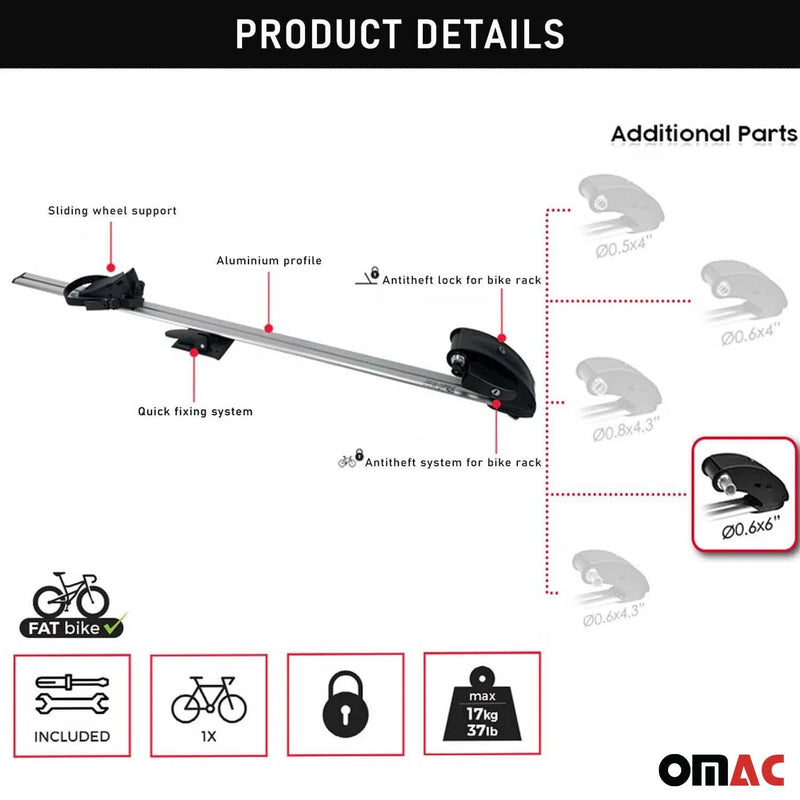 Roof Bicycle Rack Bike Carrier Alu. Upright With Optional 0,6x6 inch Fork Kit