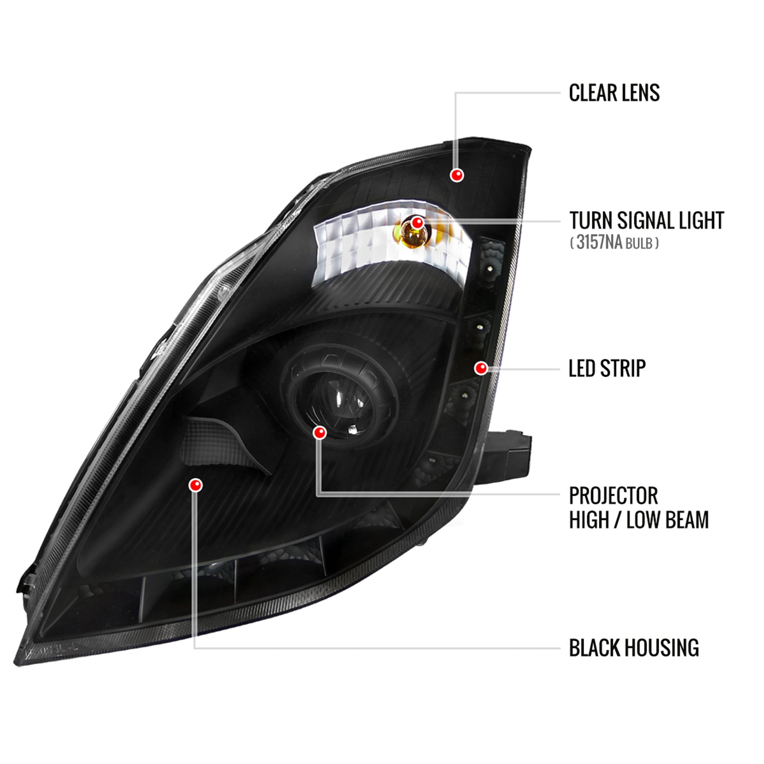 2006-2009 Nissan 350Z SMD LED Light Projector Headlights Matt Black/Clear