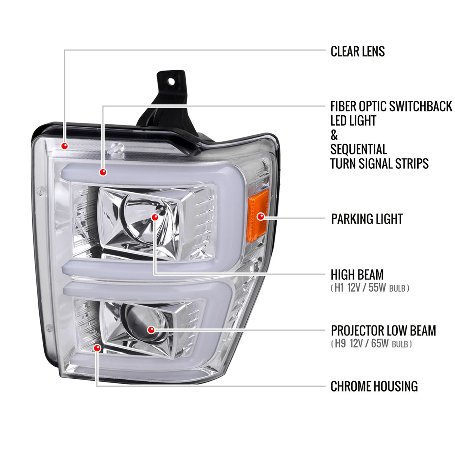 2008-2010 Ford F-250/350/450/550 LED Signal Bar Projector Headlights Chrome