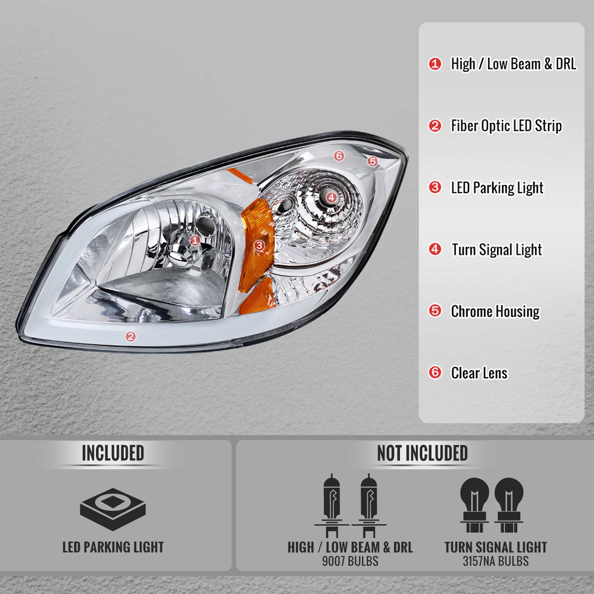 For Chevrolet Cobalt / Pontiac G5 2005-2010 Factory Style Headlights With LED DRL Light Strip Chrome Housing Clear Lens