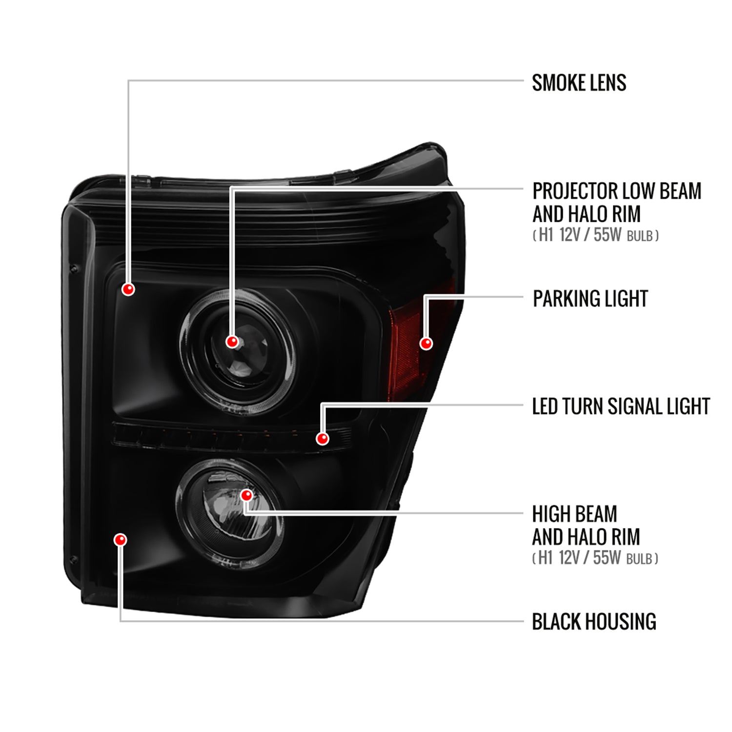 2011-2016 F-250 F-350 F-450 F-550 Dual Halo Headlights LED Signal Lights Smoke