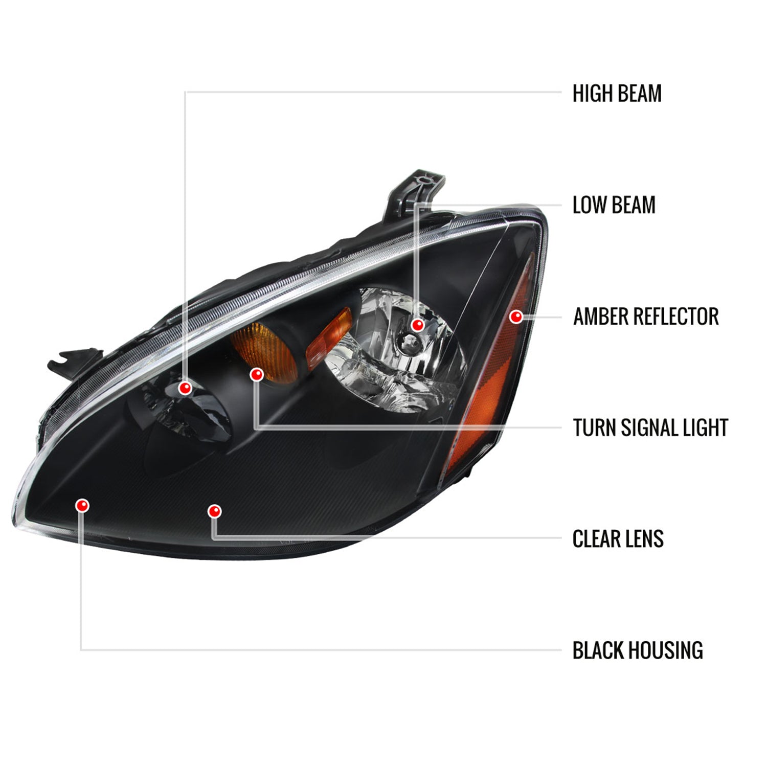 2002-2004 Nissan Altima Crystal Headlights w/ Amber Reflector Matt Black/Clear