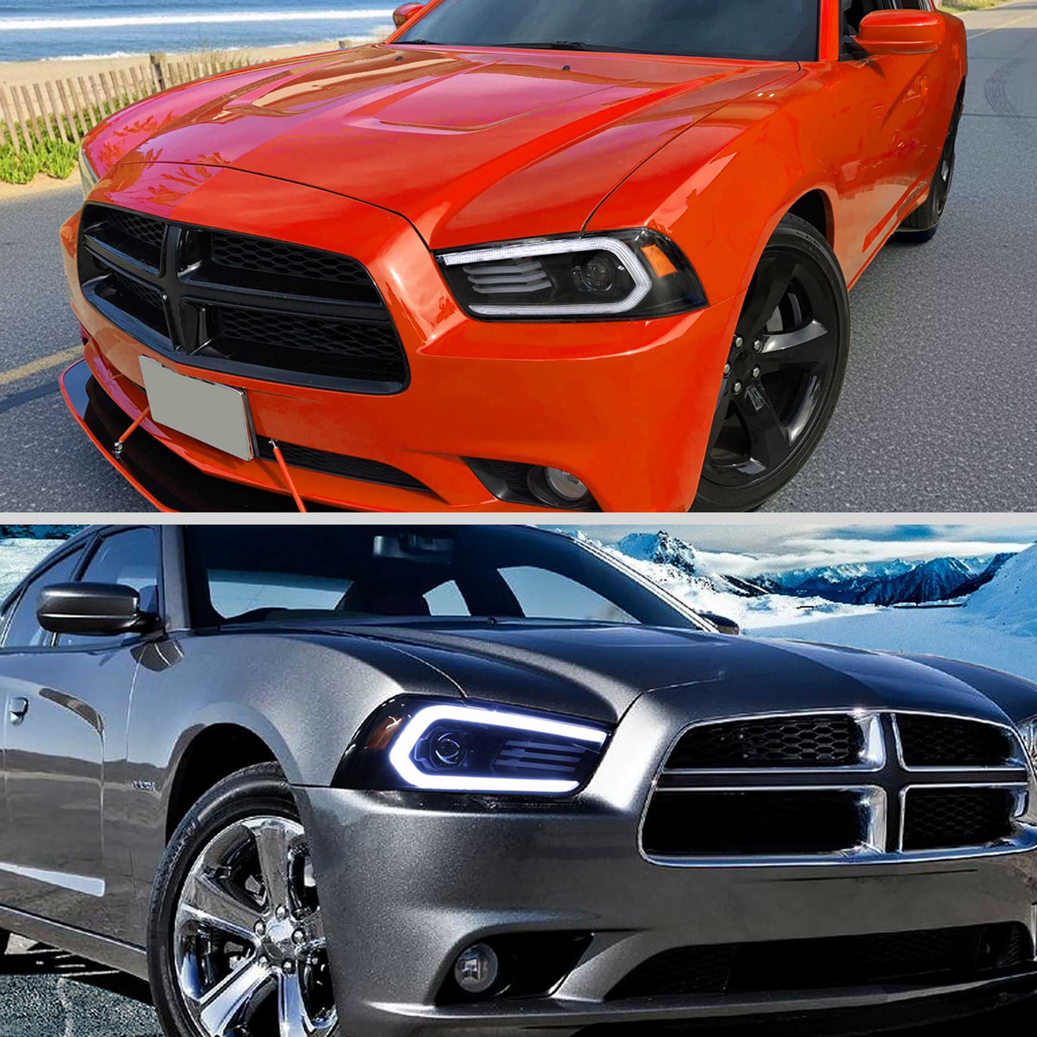 For Dodge Charger 2011-2014 Headlights LED DRL Light Strip Turn Signal Side Marker Black Housing Clear Lens
