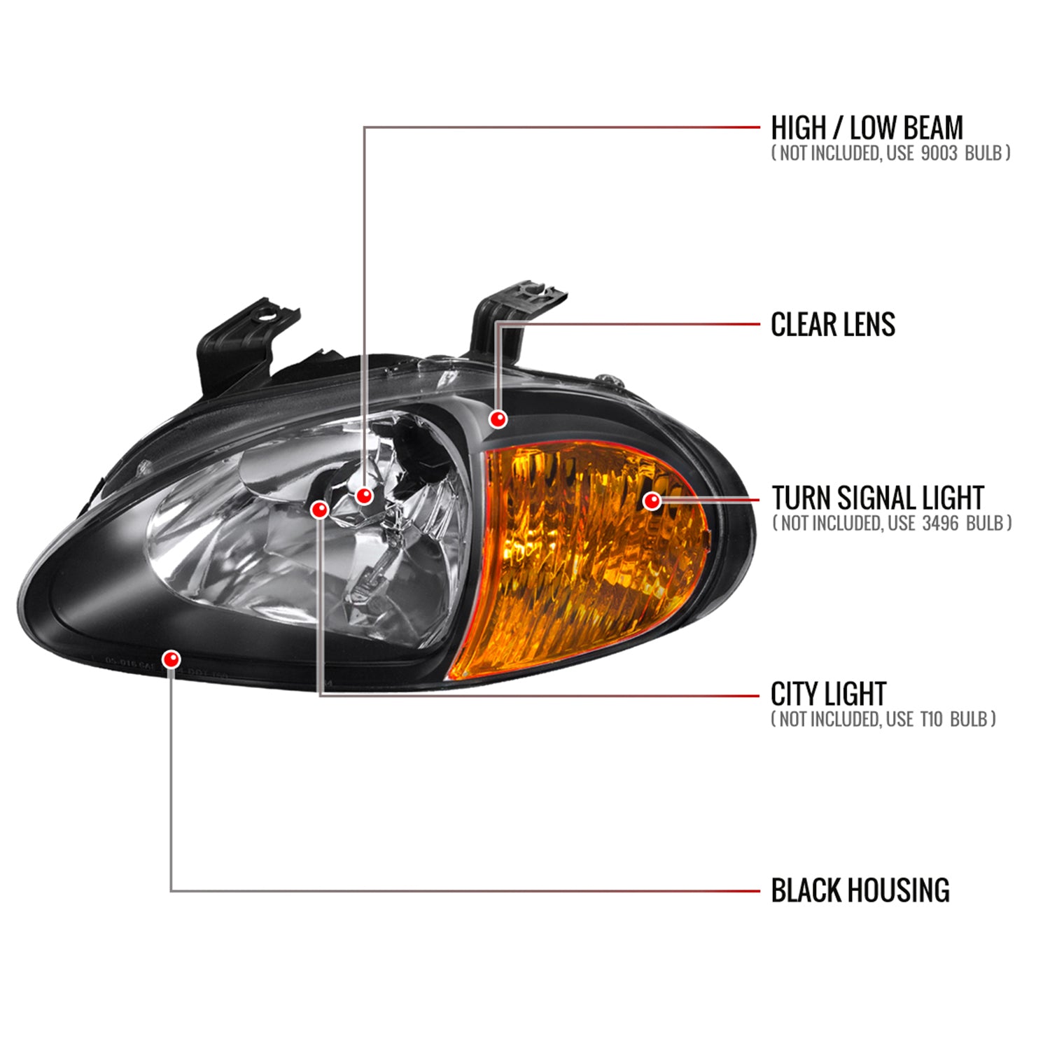 1993-1997 Honda Del Sol Crystal Headlights w/Amber Reflector Matt Black/Clear