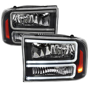 1999-2004 Ford F-250/350/450/550/Excursion Headlights Dual LED C-Bar Black