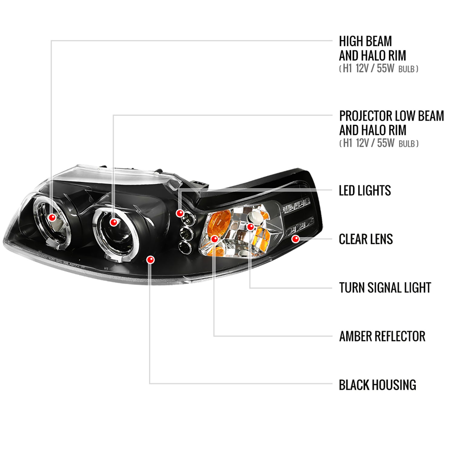 1999-2004 Ford Mustang Dual Halo Projector Headlights Matte Black/Clear Lens