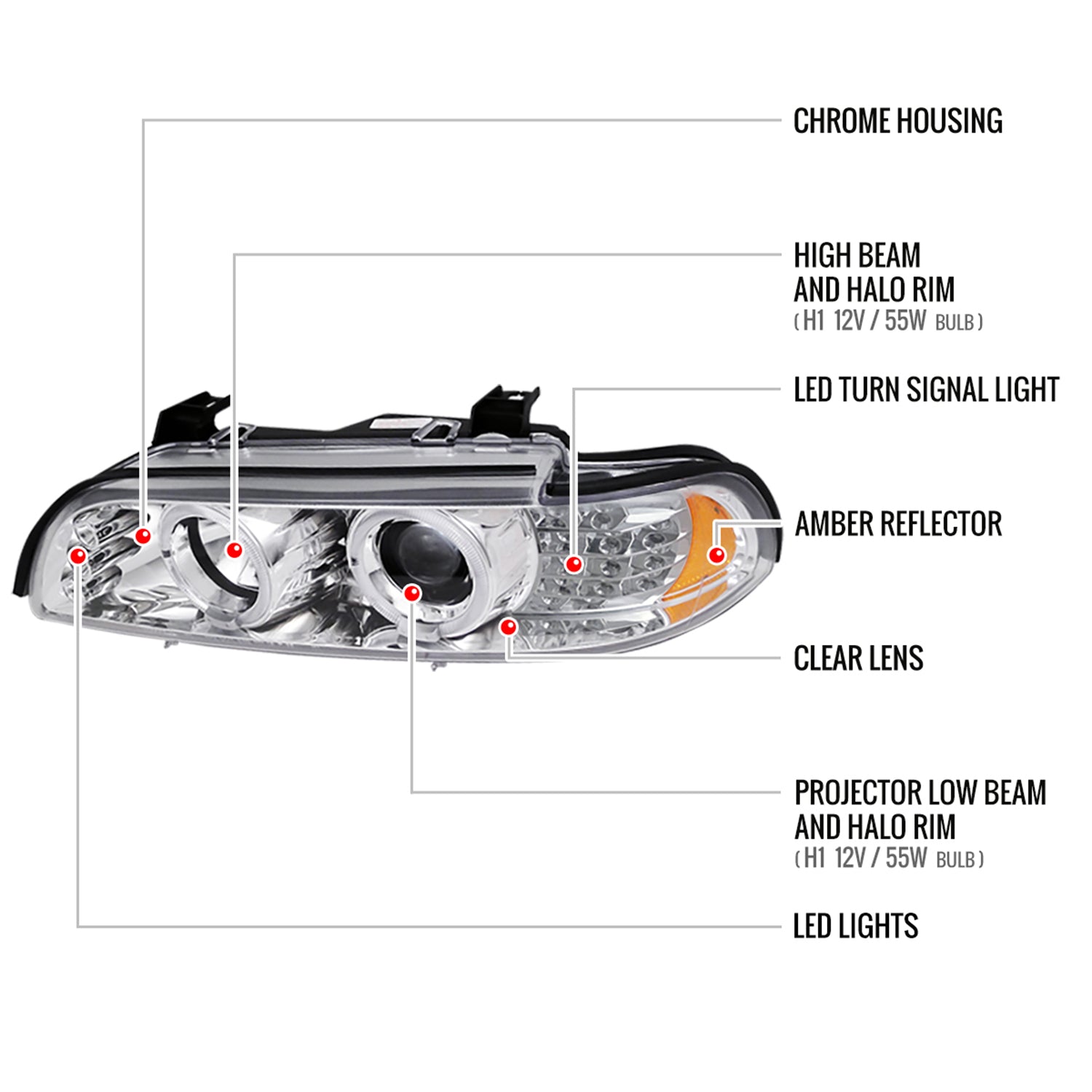 2001-2003 BMW E39 5 Series Dual Halo Headlights LED Signal Lights Chrome
