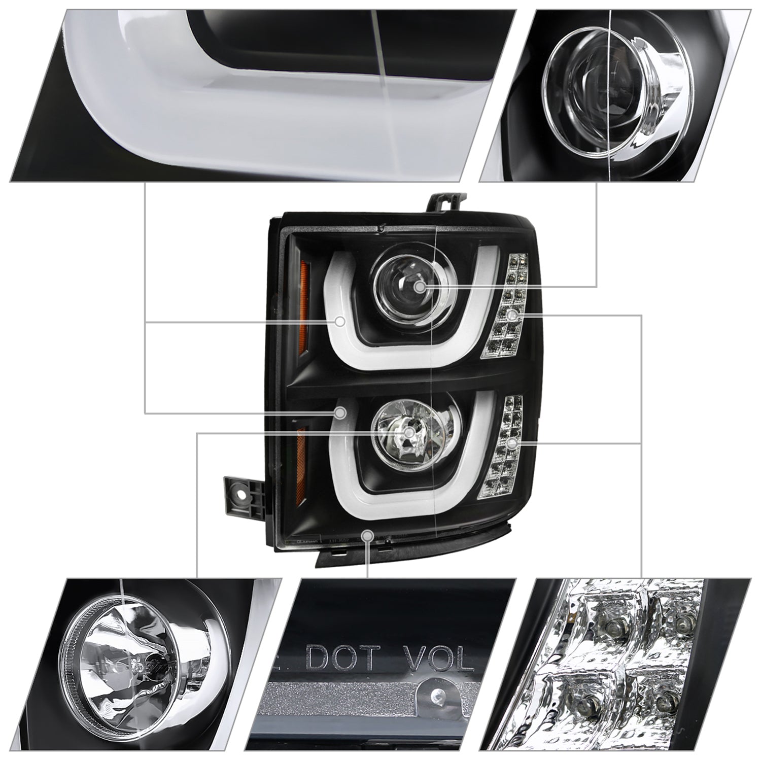 2014-2015 Chevy Silverado 1500 LED U-Bar Headlights LED Signal Lights Black