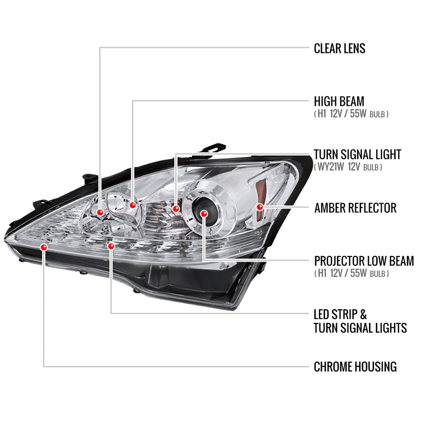 2006-2010 Lexus IS250/IS350 SMD LED Light Strip Projector Headlights Chrome