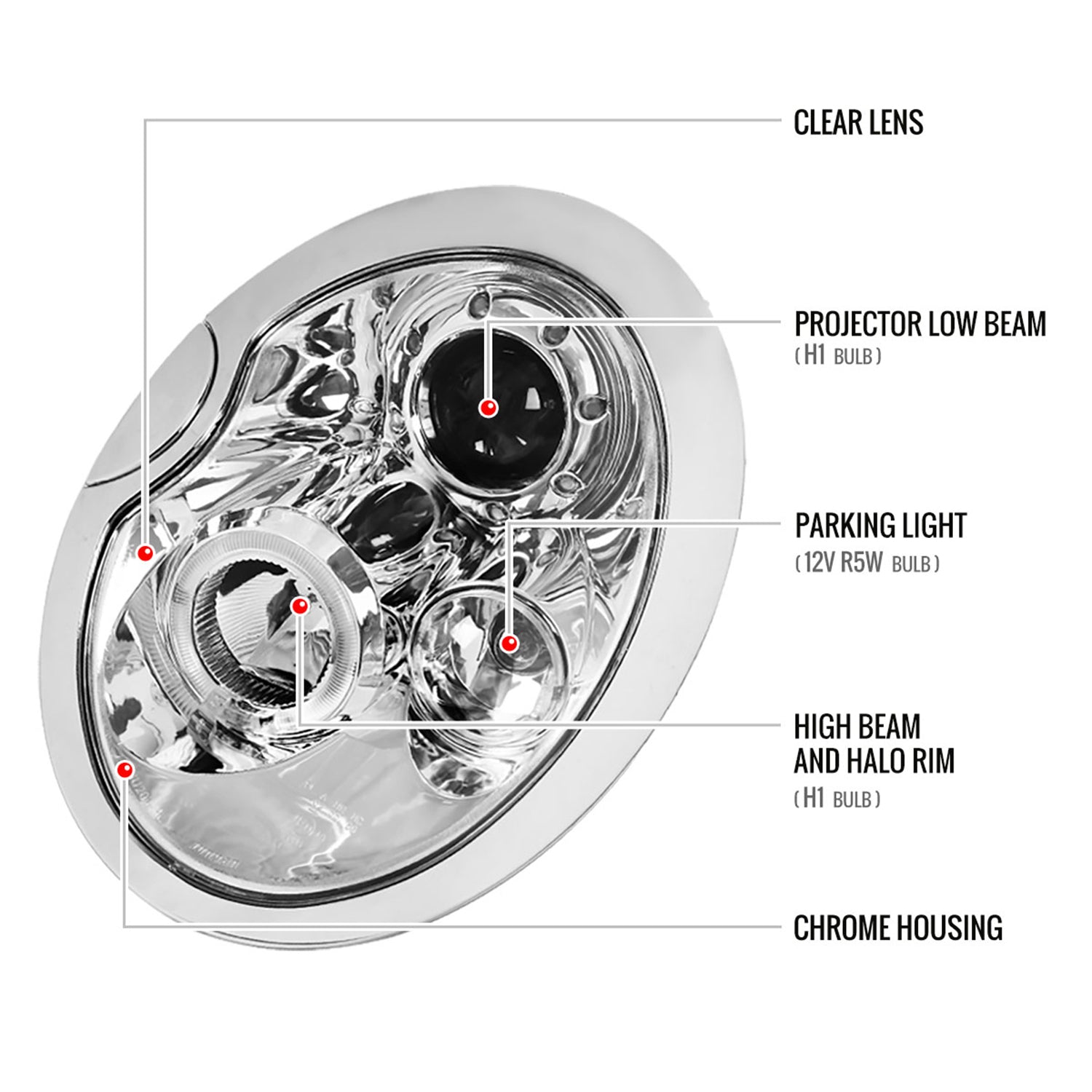 2002-2008 Mini Cooper R50 R53 R52 Single Halo Projector Headlights Chrome