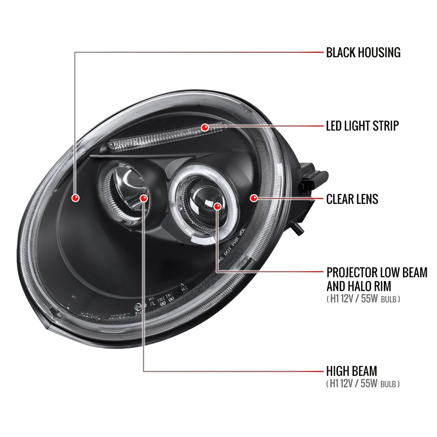 1998-2005 VW Beetle Halo Projector Headlights Matte Black/Clear Lens